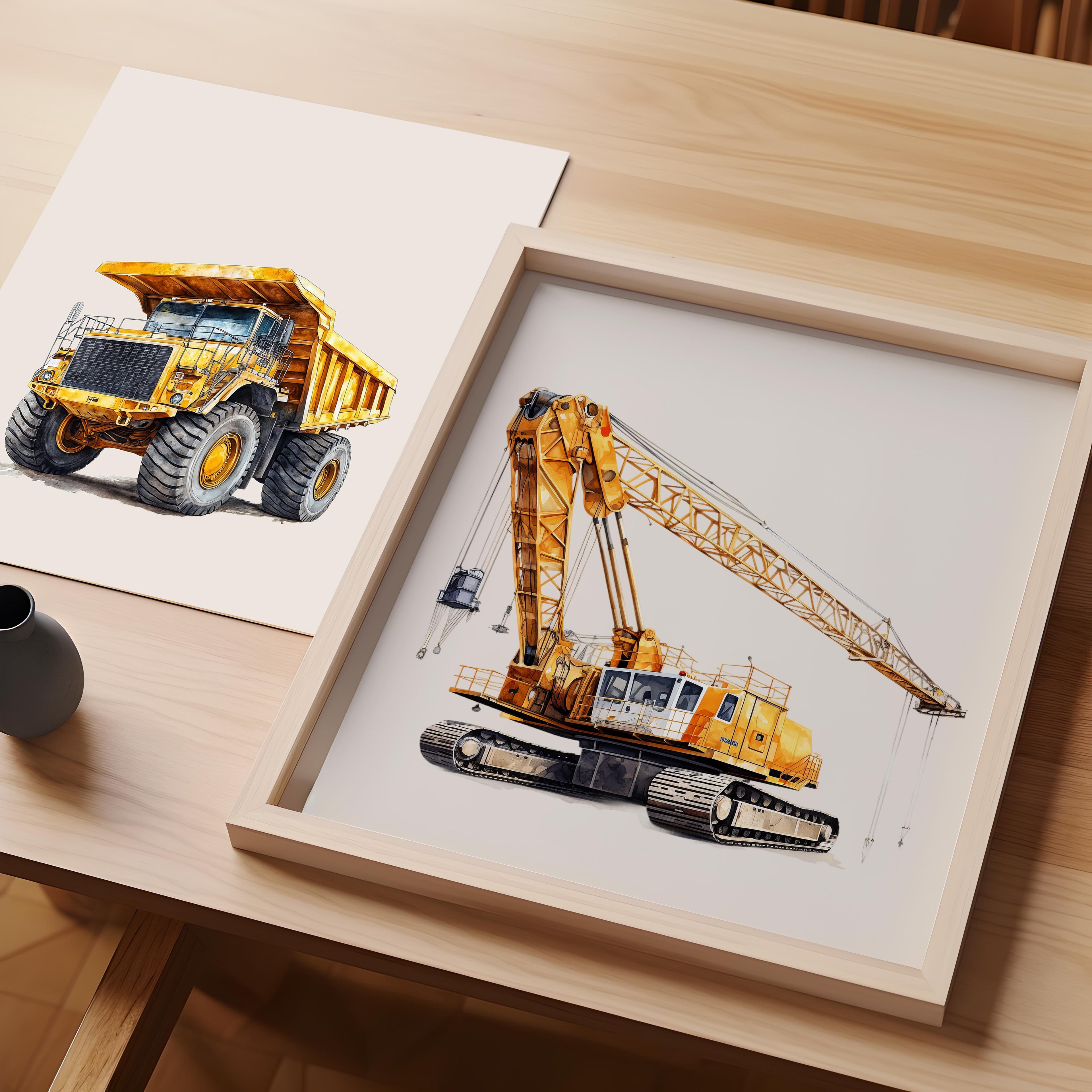 Watercolor Crane Truck Nursery Wall Art