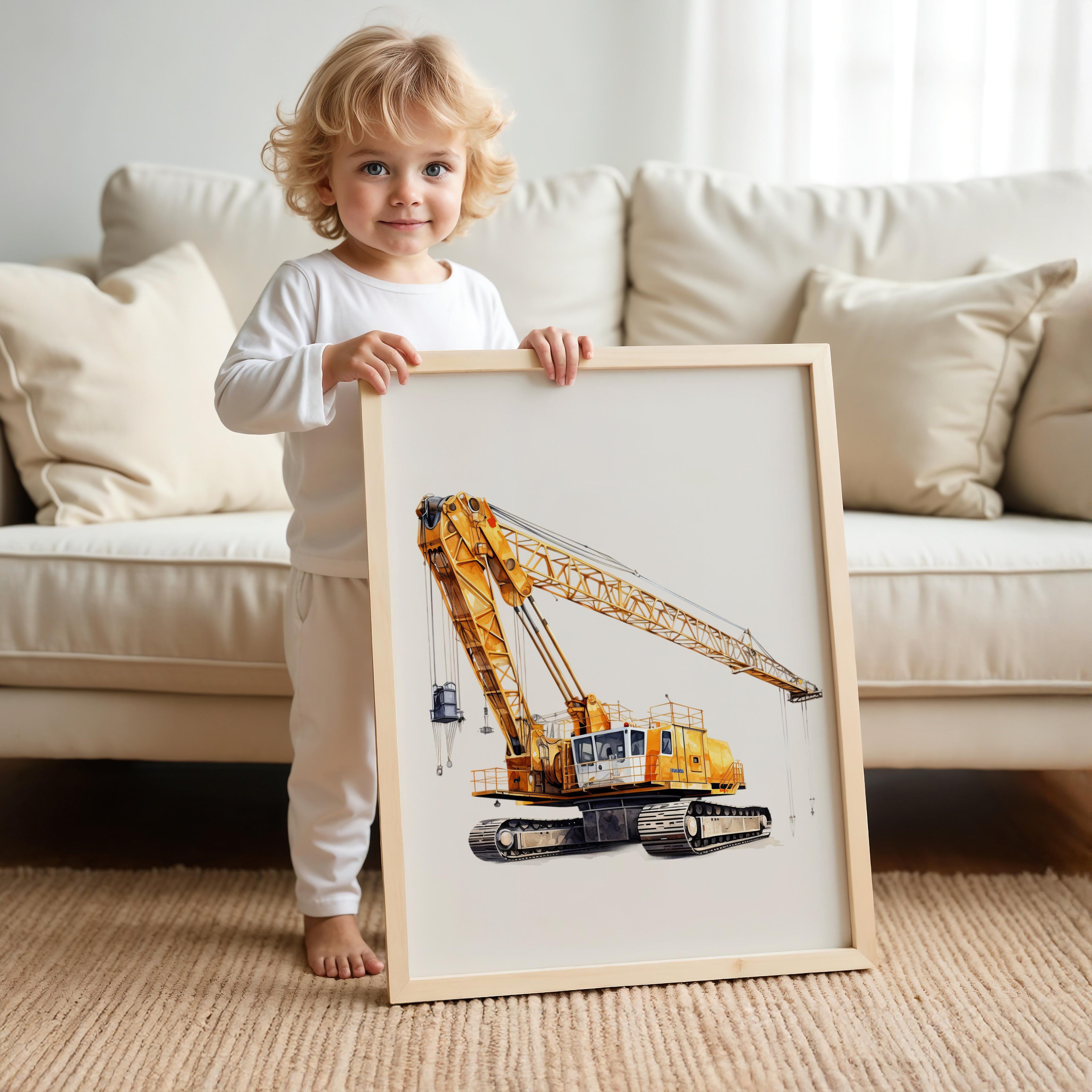 Watercolor Crane Truck Nursery Wall Art