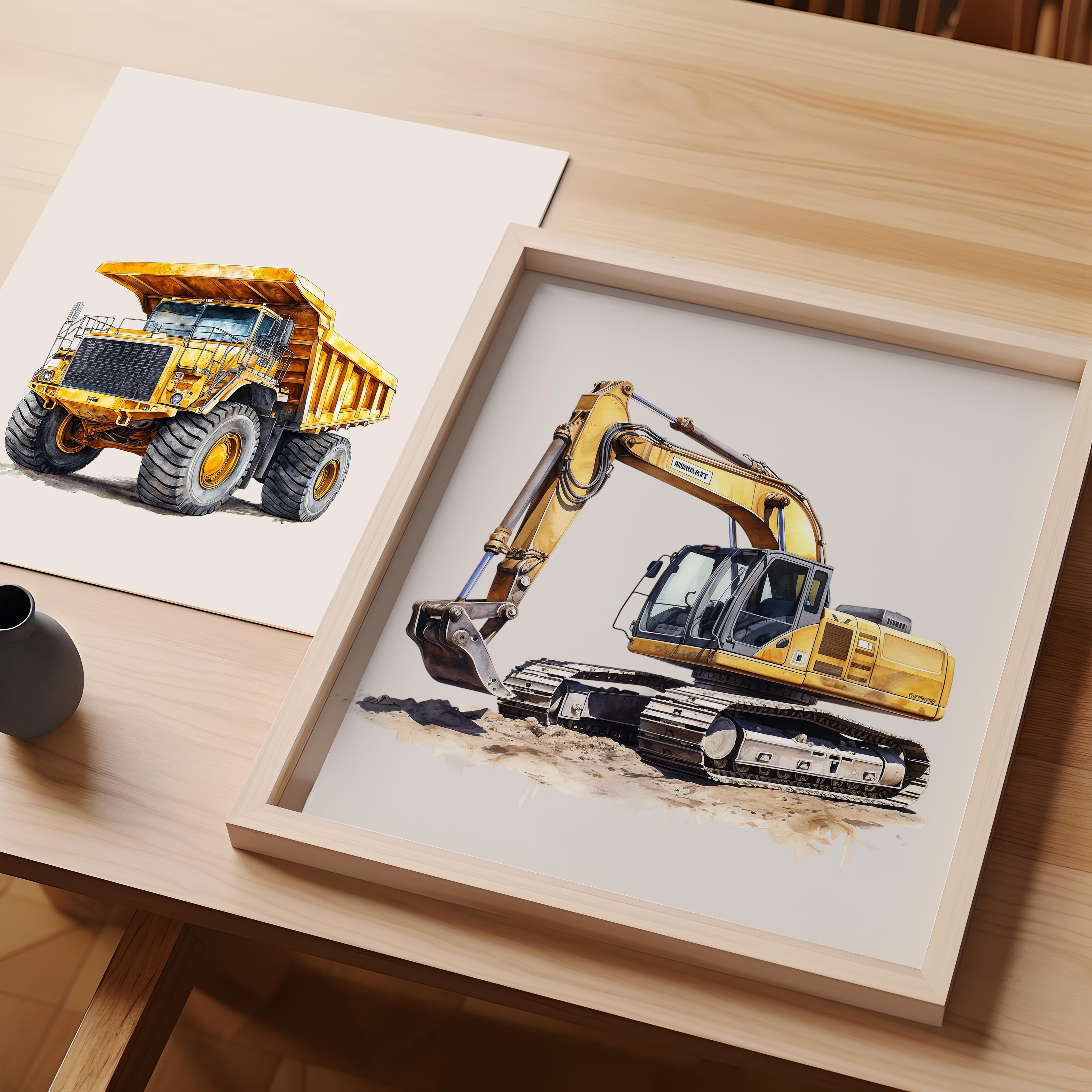 Watercolor Excavator Construction Truck Nursery Wall Art