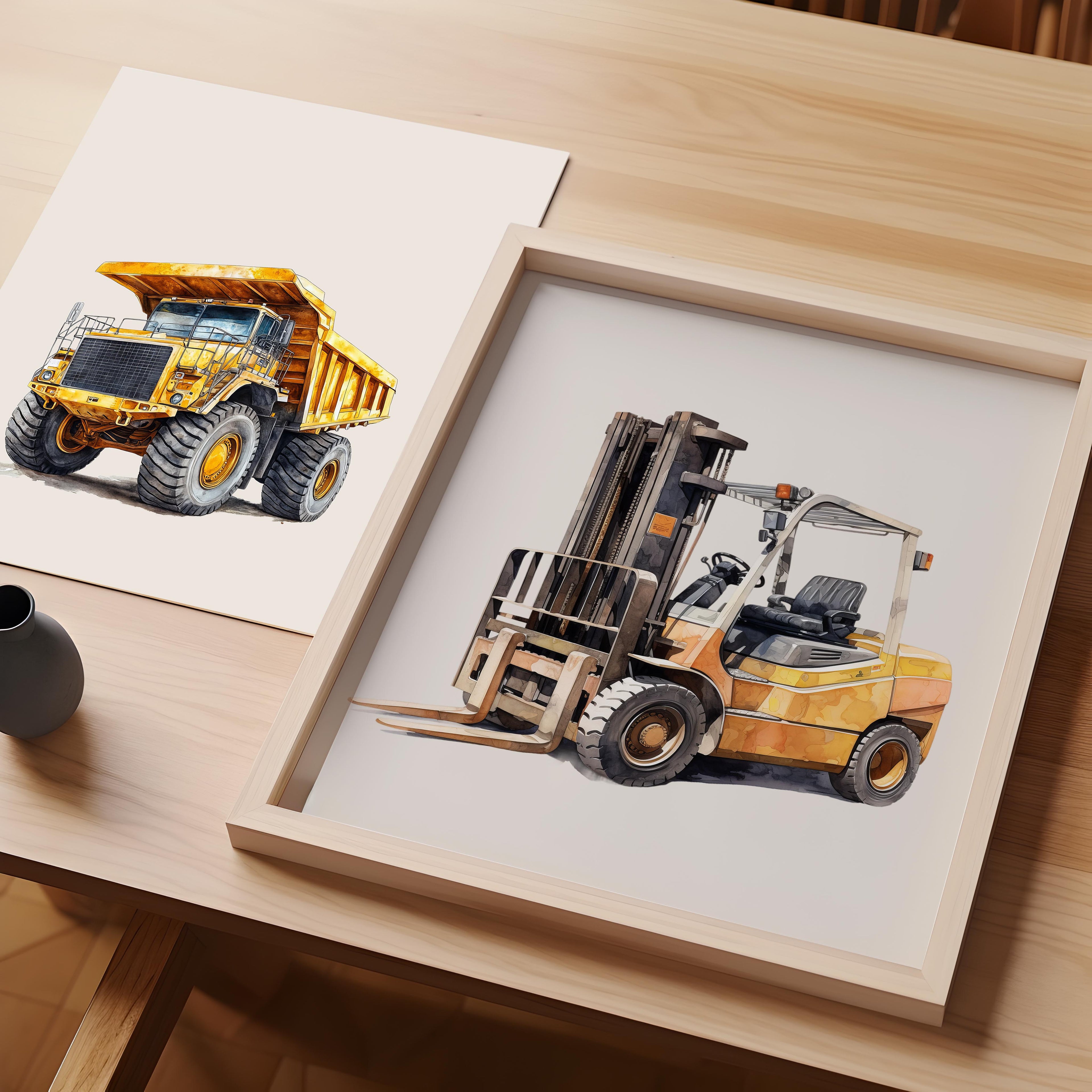 Watercolor Forklift Construction Truck Nursery Wall Art