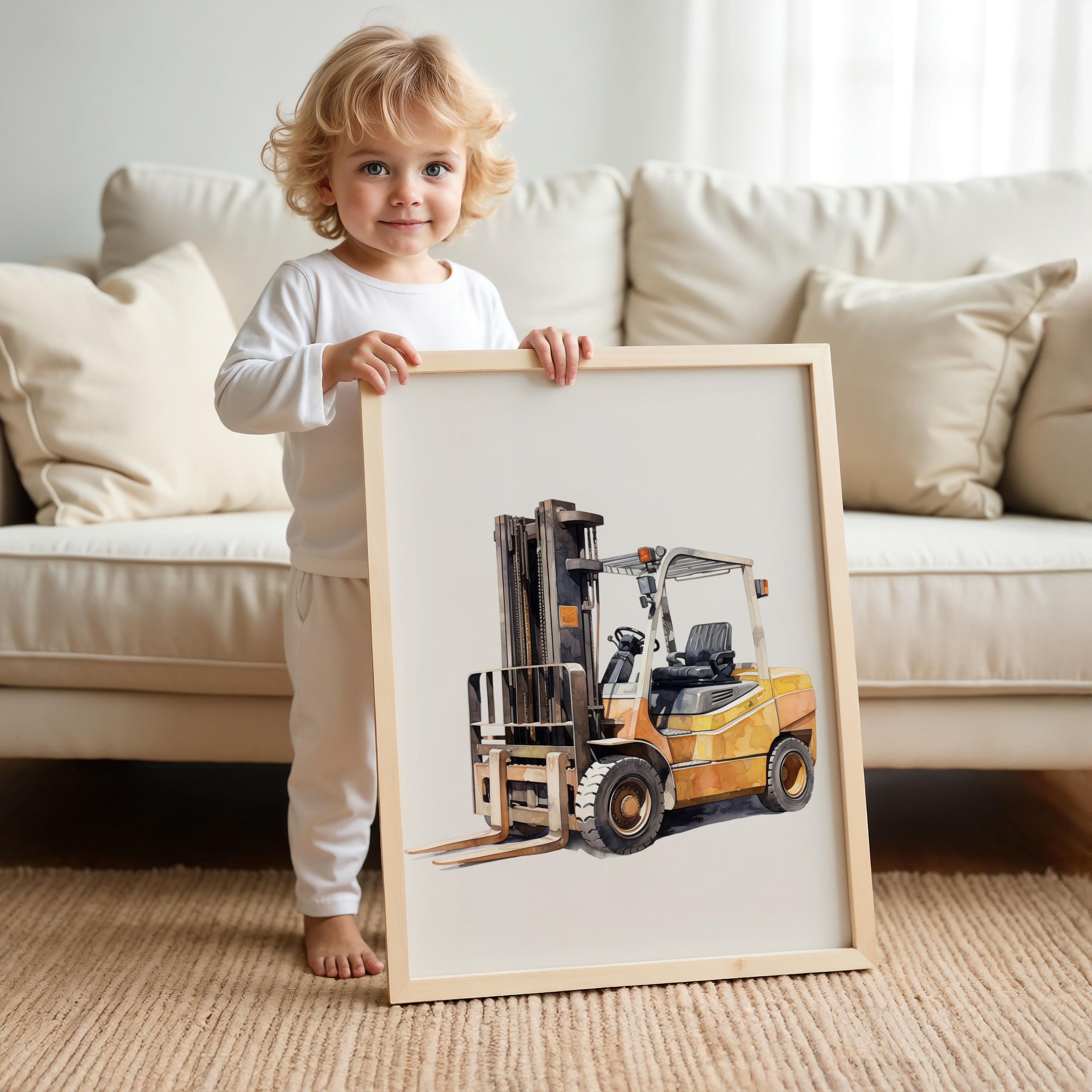 Watercolor Forklift Construction Truck Nursery Wall Art