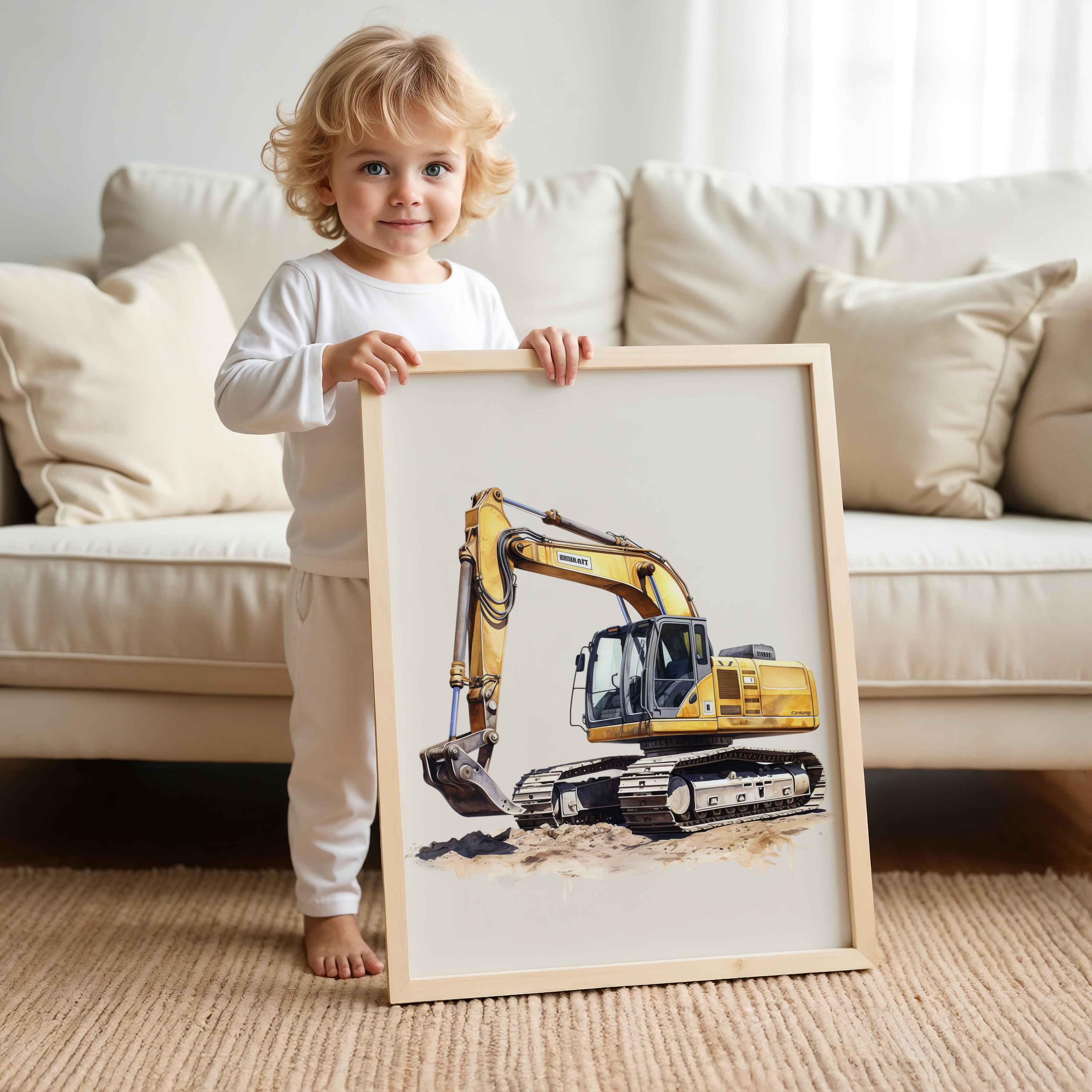 Watercolor Excavator Construction Truck Nursery Wall Art