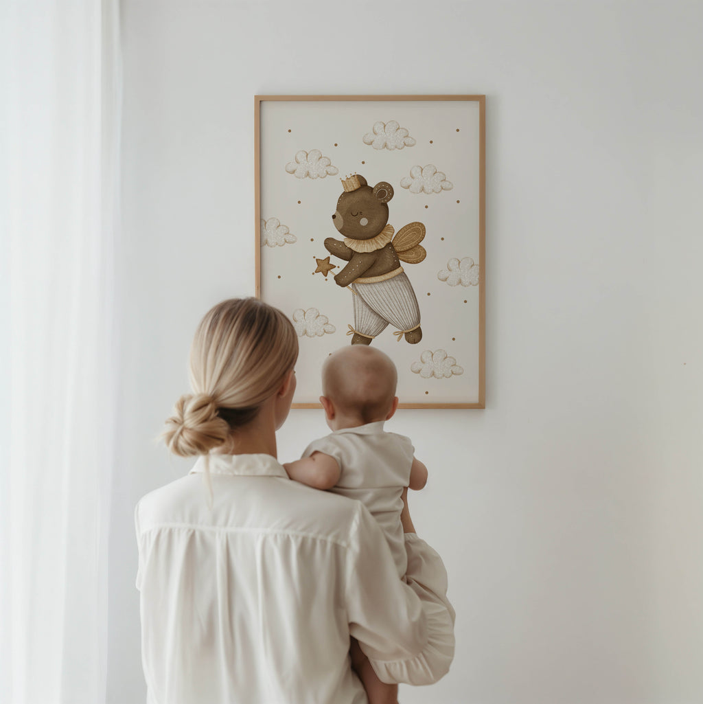 Bear with Magic Wand – Whimsical Woodland Wall Art Print (Unframed)