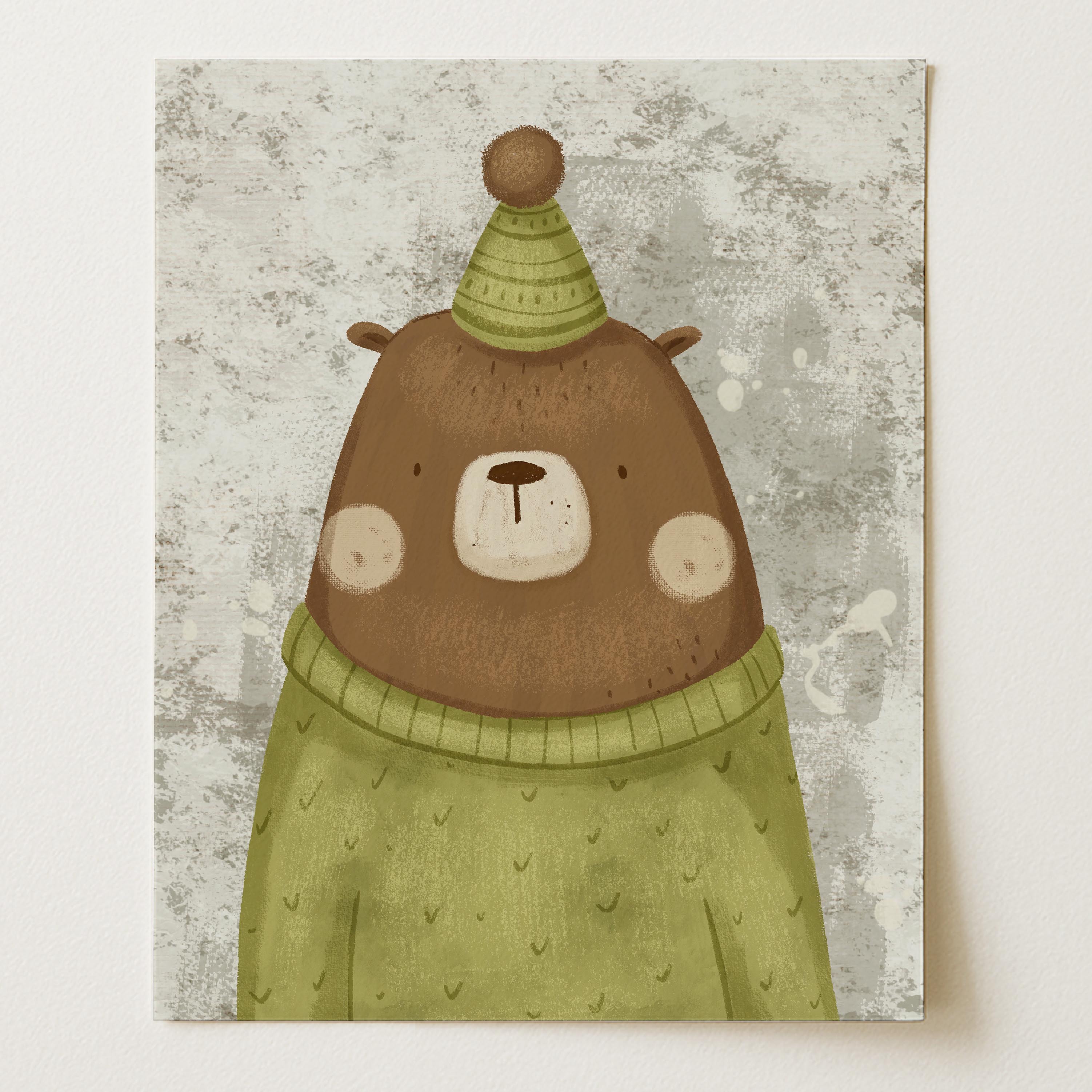 Bear Wearing a Green Shirt and Green Hat – Nursery Wall Art Print (Unframed)