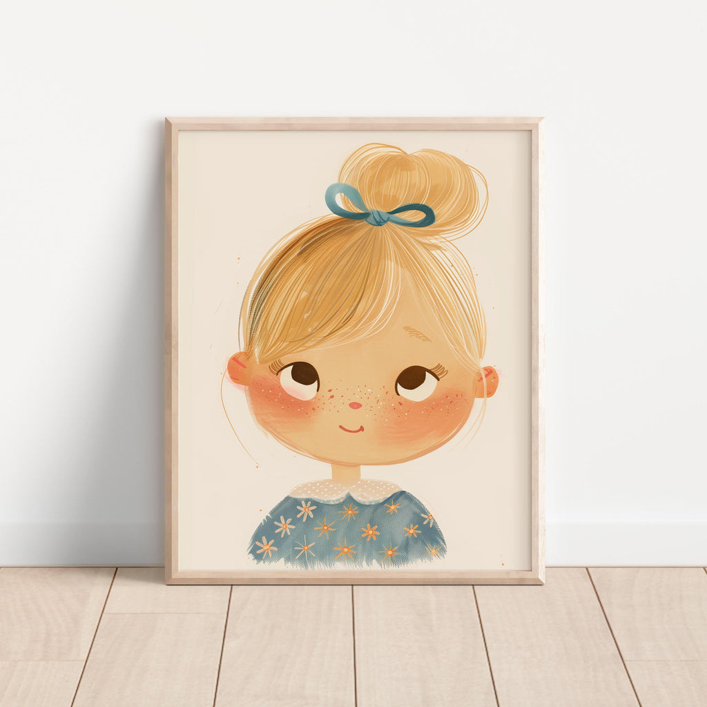 Blonde Girl with Blue Ribbon Portrait Wall Art (Unframed)