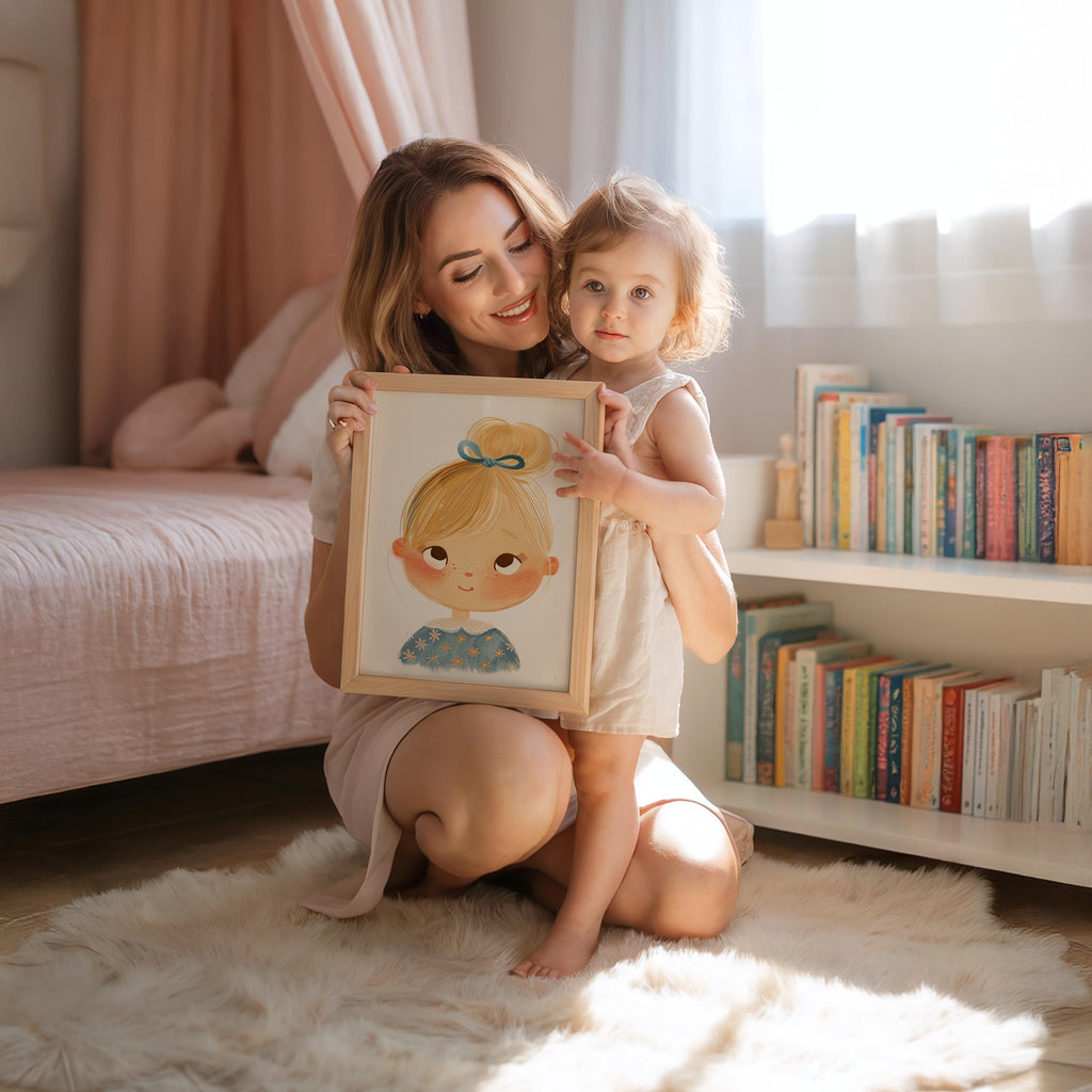 Blonde Girl with Blue Ribbon Portrait Wall Art (Unframed)