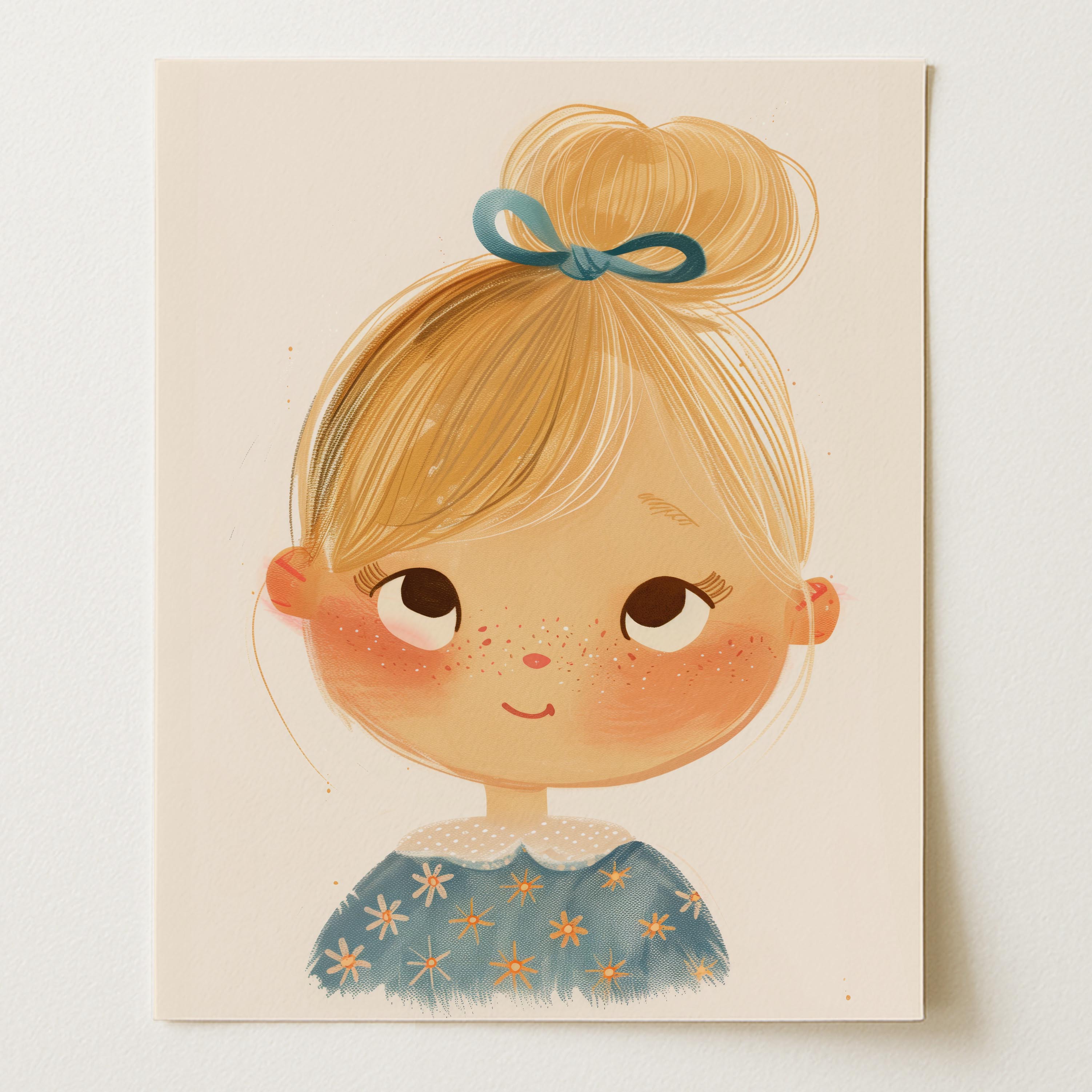 Blonde Girl with Blue Ribbon Portrait Wall Art (Unframed)