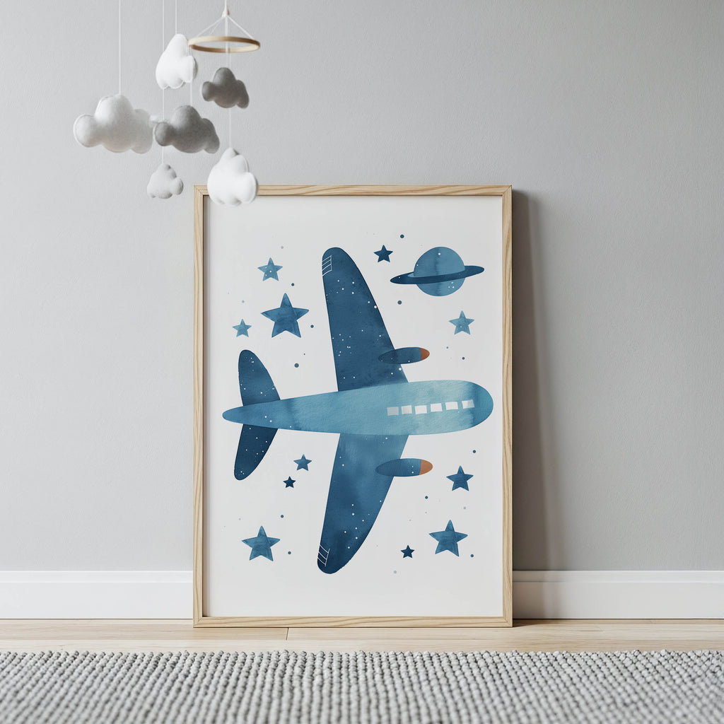 Blue Airplane and Stars Wall Art