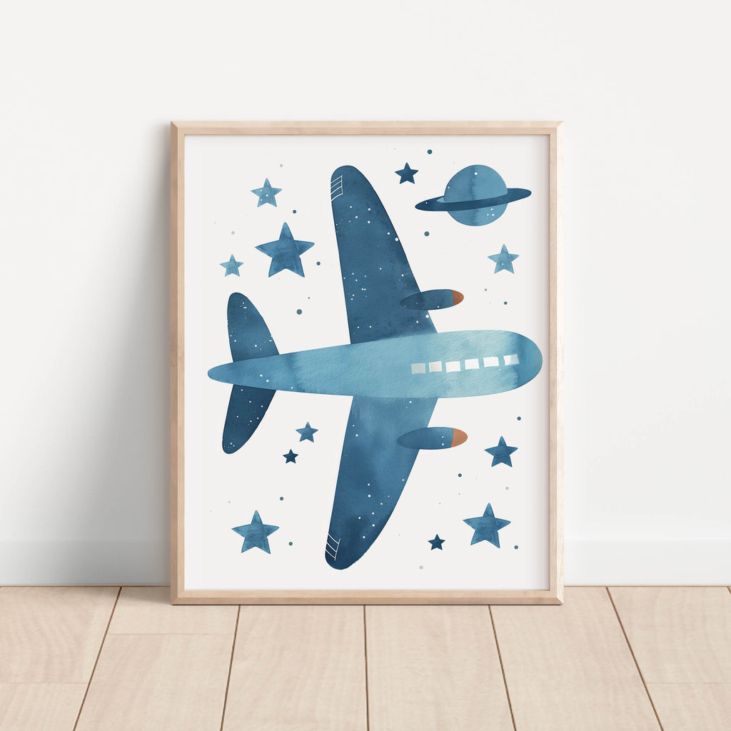 Blue Airplane and Stars Wall Art