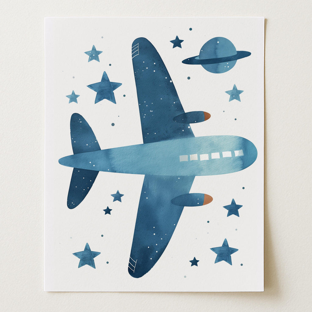 Blue Airplane and Stars Wall Art Print (Unframed)