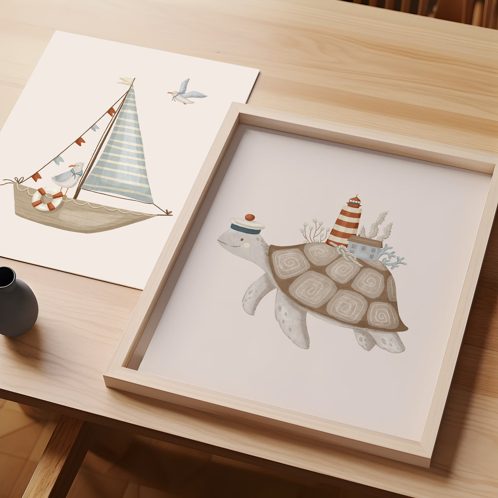 Turtle Sailor & Lighthouse Nautical Nursery Wall Art