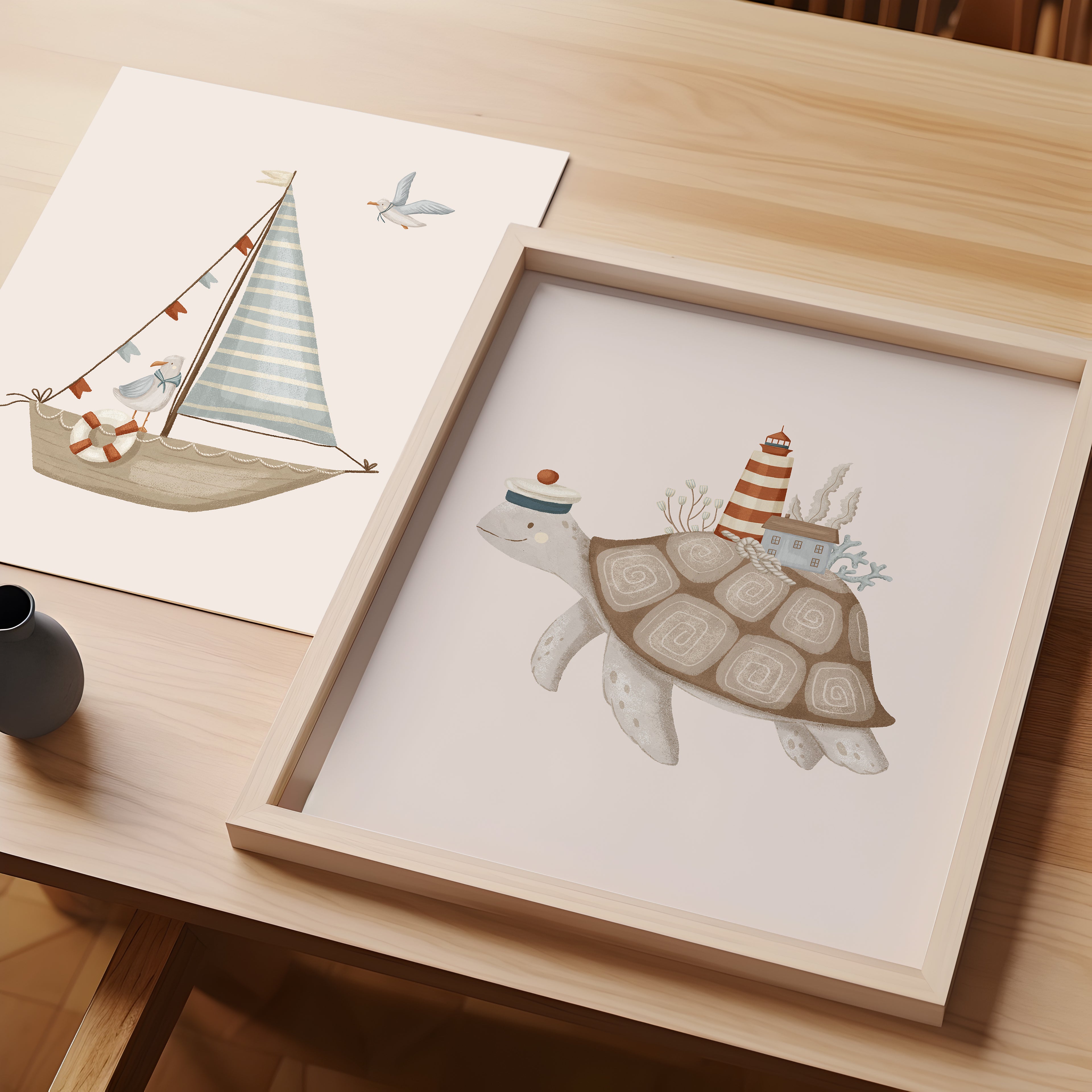 Turtle Sailor & Lighthouse Nautical Nursery Wall Art