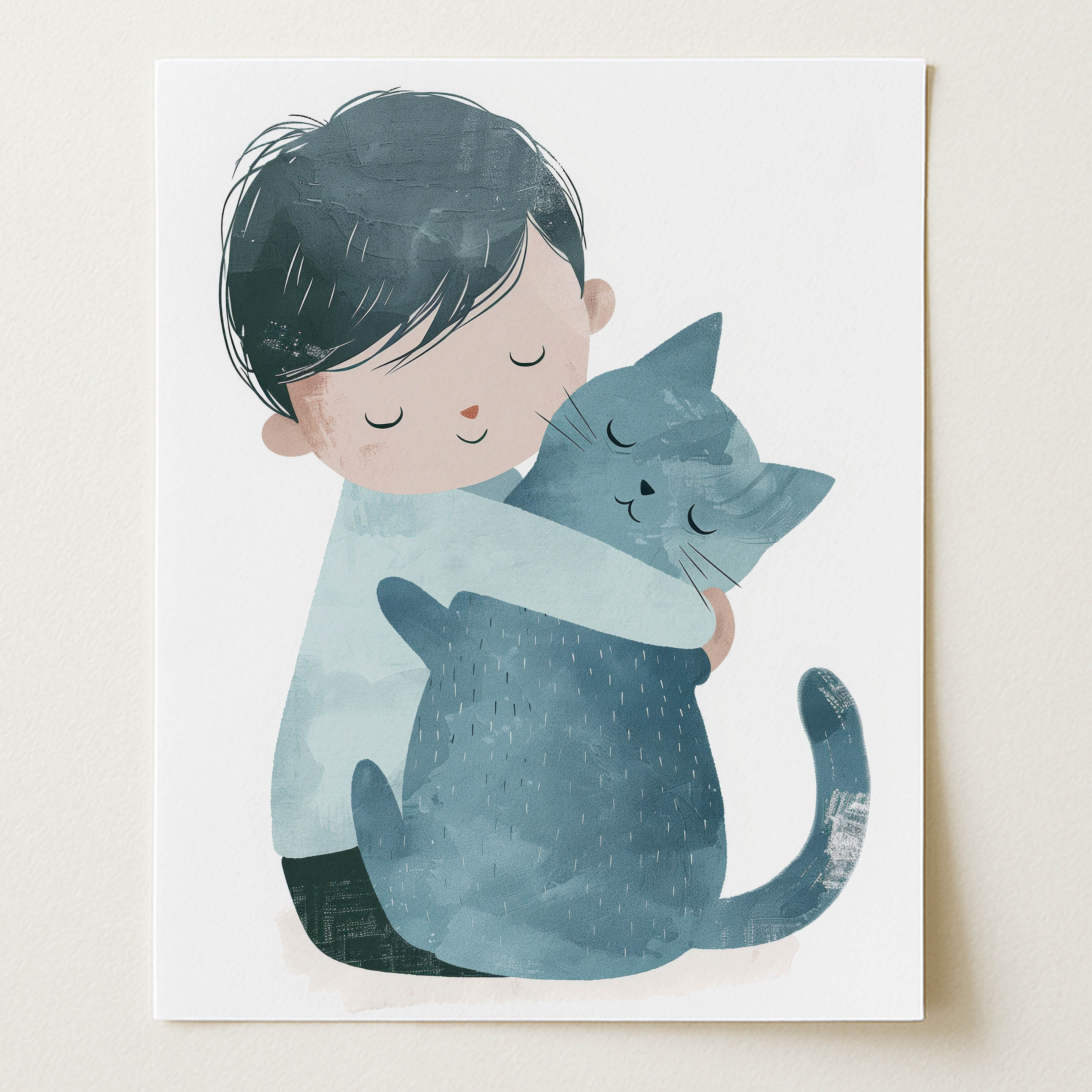 Child Hugging Cat Wall Art Print (Unframed)