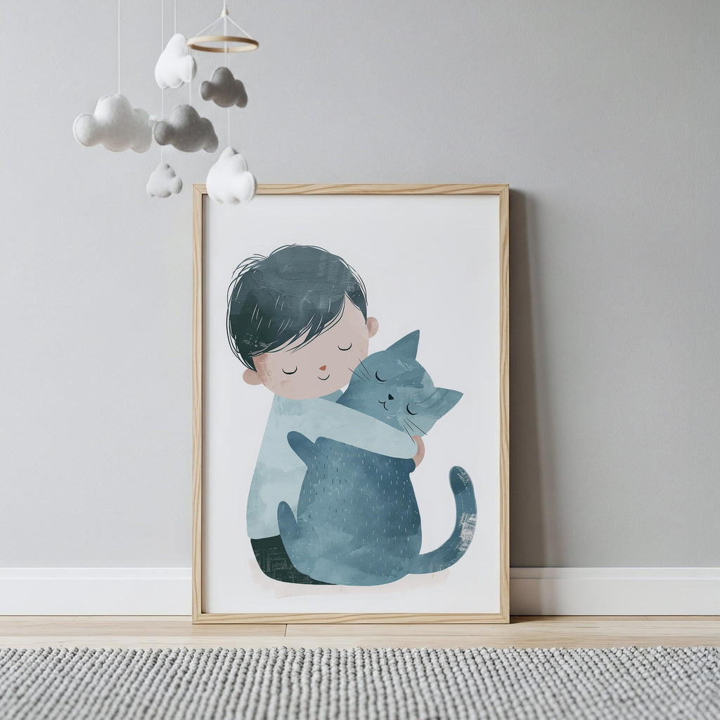 Child Hugging Cat Wall Art