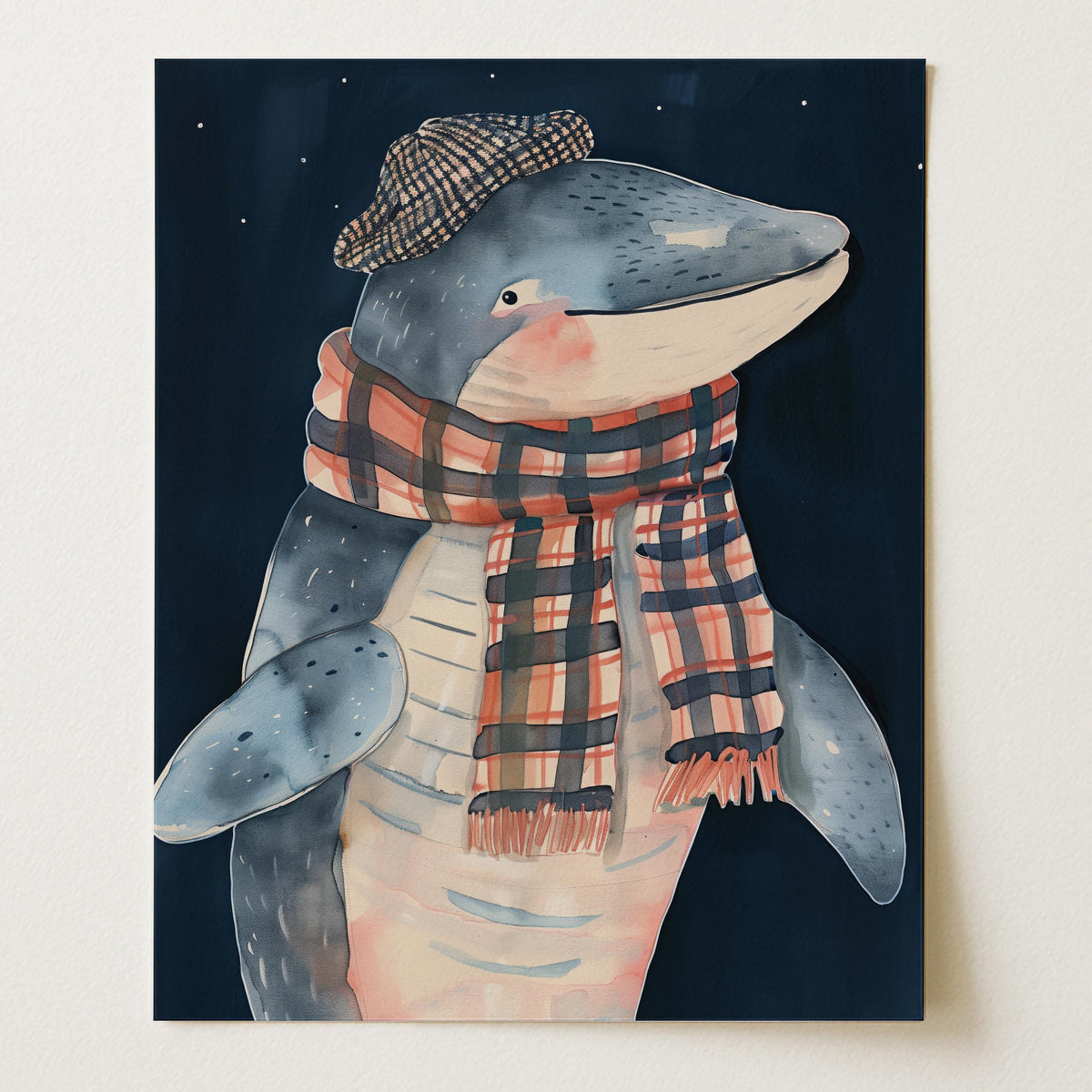 Illustration of a whale wearing a plaid hat and scarf on a dark background
