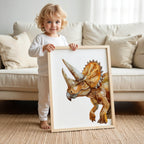 Child holding a framed picture of a dinosaur in a living room.