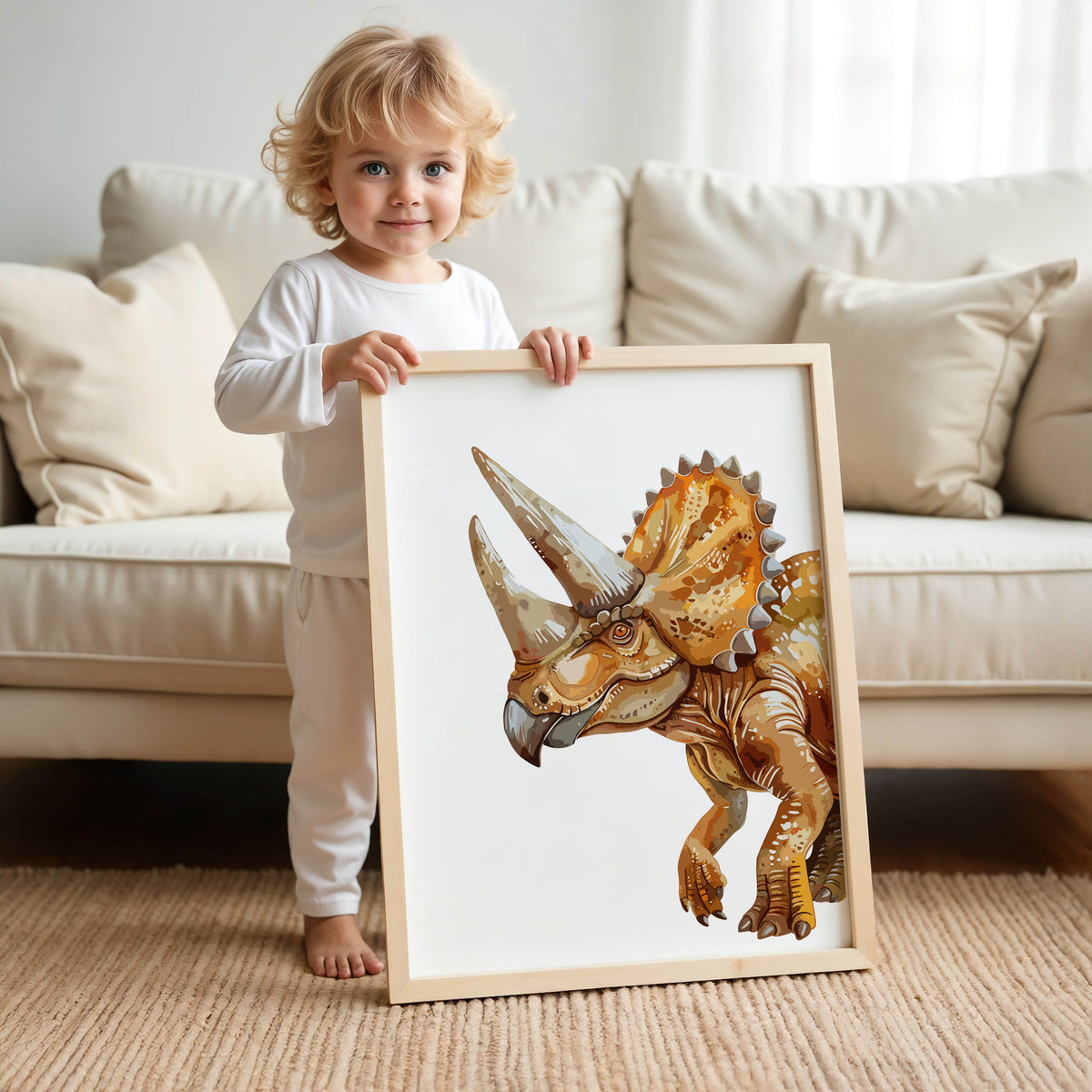 Child holding a framed picture of a dinosaur in a living room.