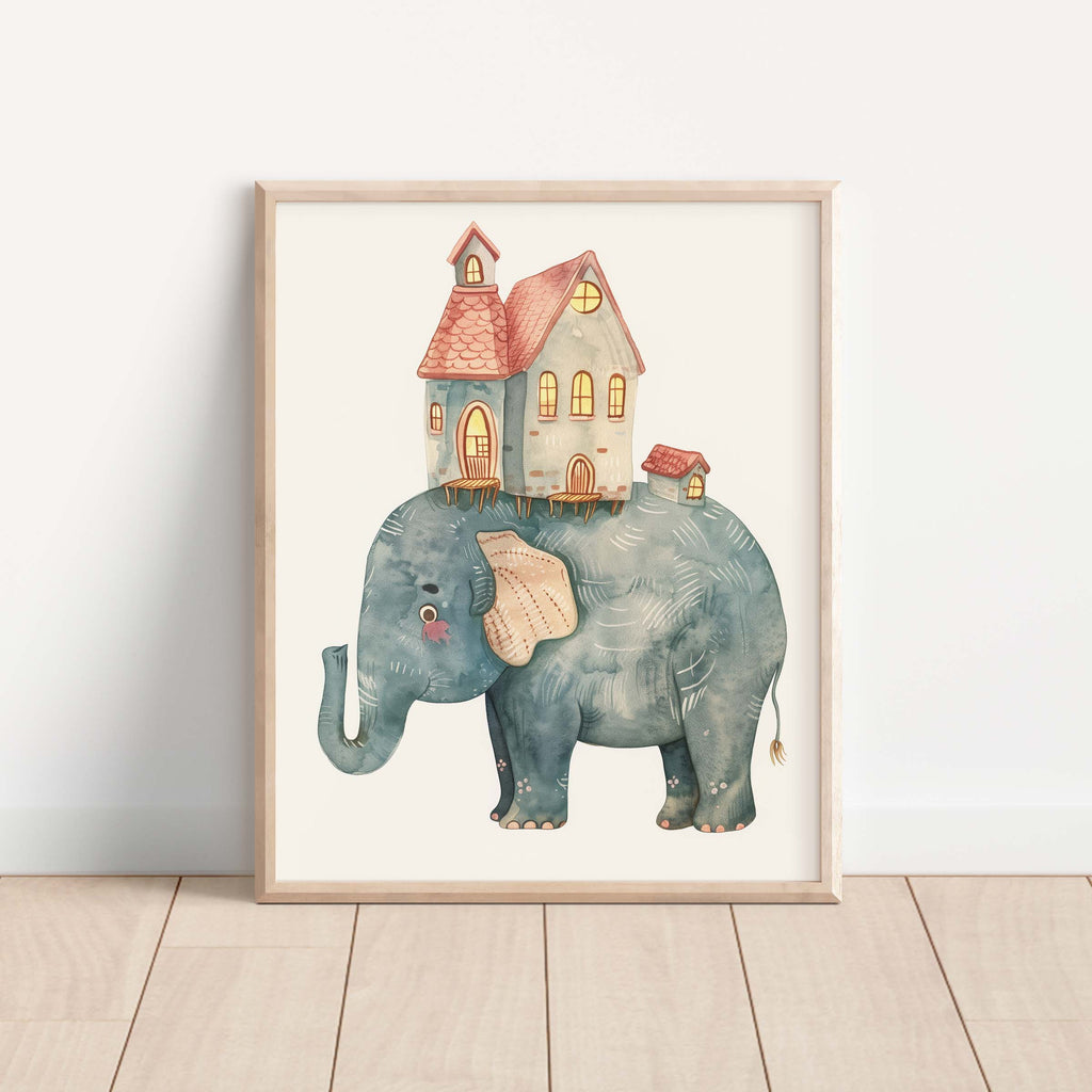 Dreamy Elephant and Houses Wall Art Print