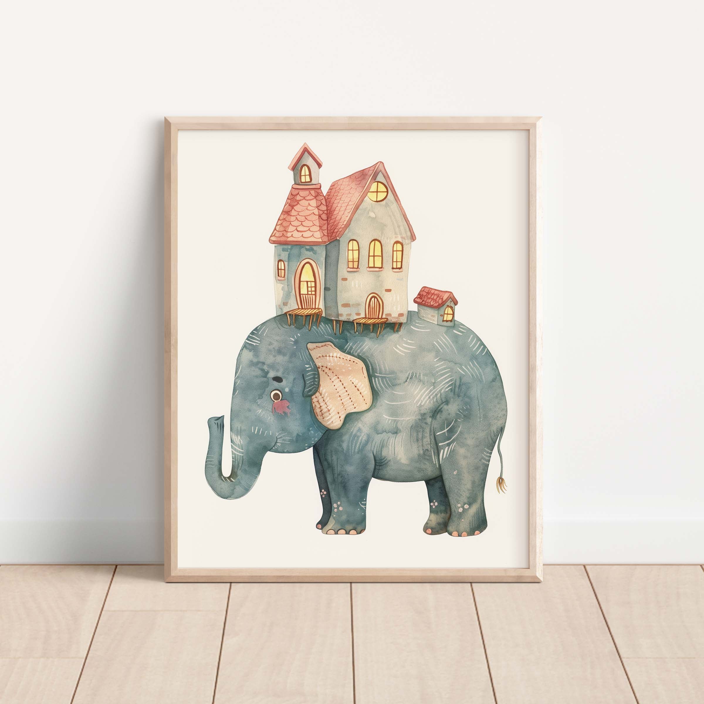 Dreamy Elephant and Houses Wall Art Print