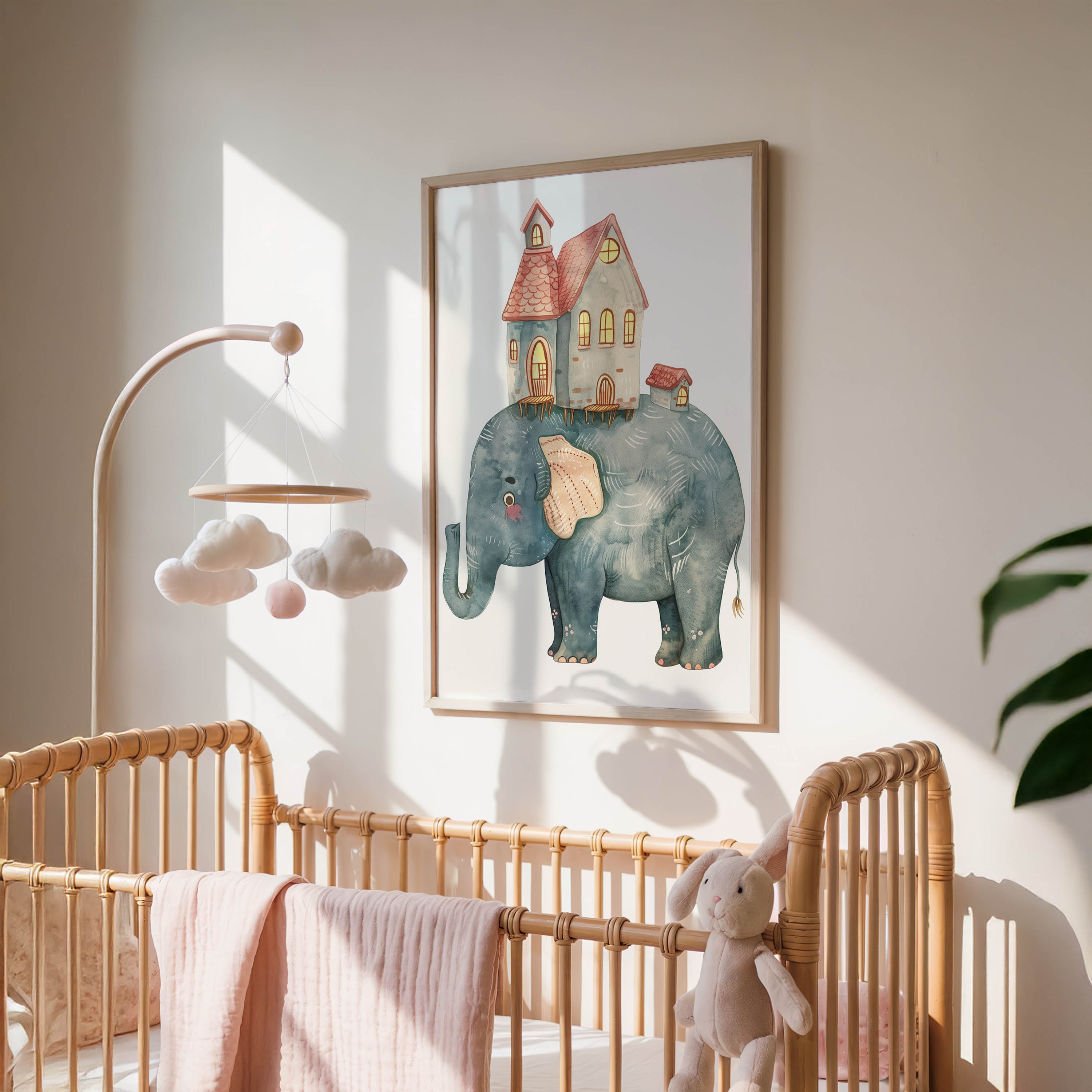 Dreamy Elephant and Houses Wall Art Print