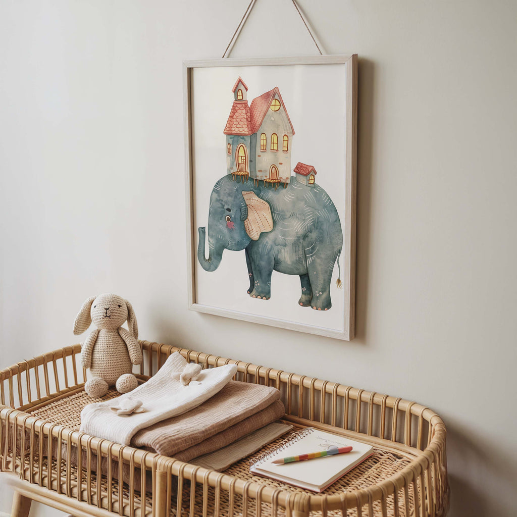 Dreamy Elephant and Houses Wall Art Print