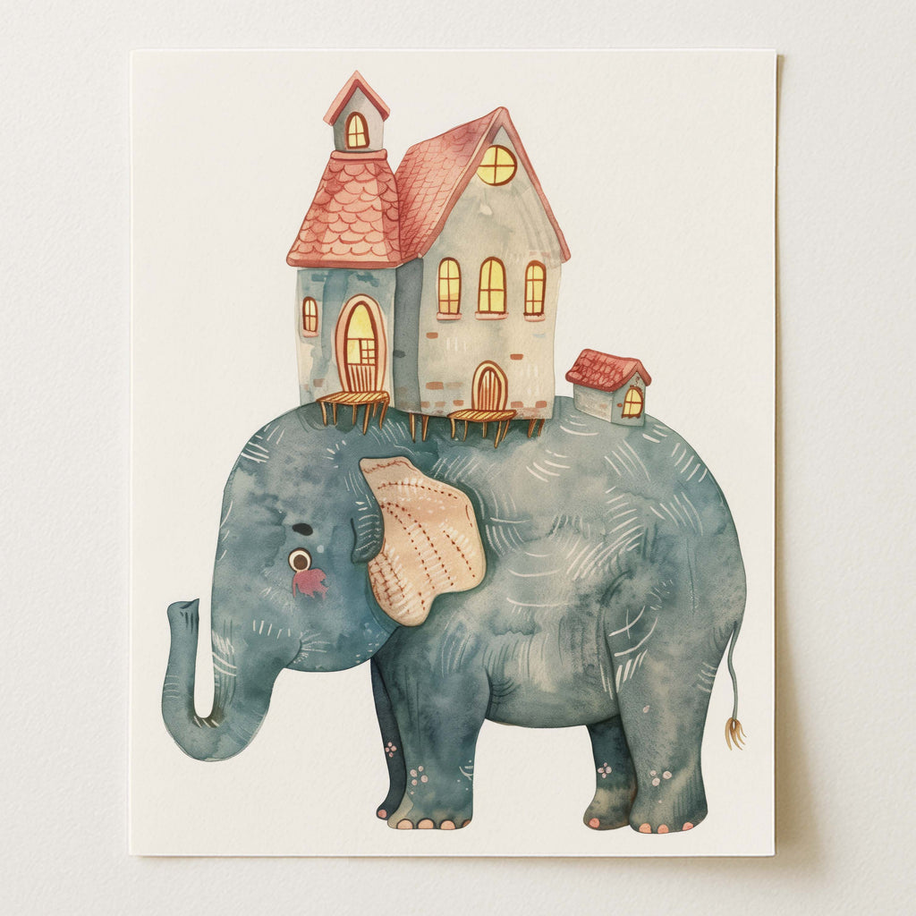 Dreamy Elephant and Houses Wall Art Print (Unframed)