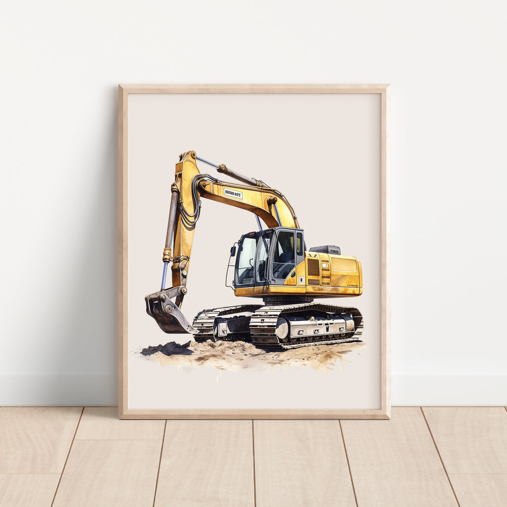 Watercolor Excavator Construction Truck Nursery Wall Art