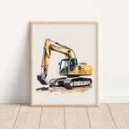 Watercolor Excavator Construction Truck Nursery Wall Art