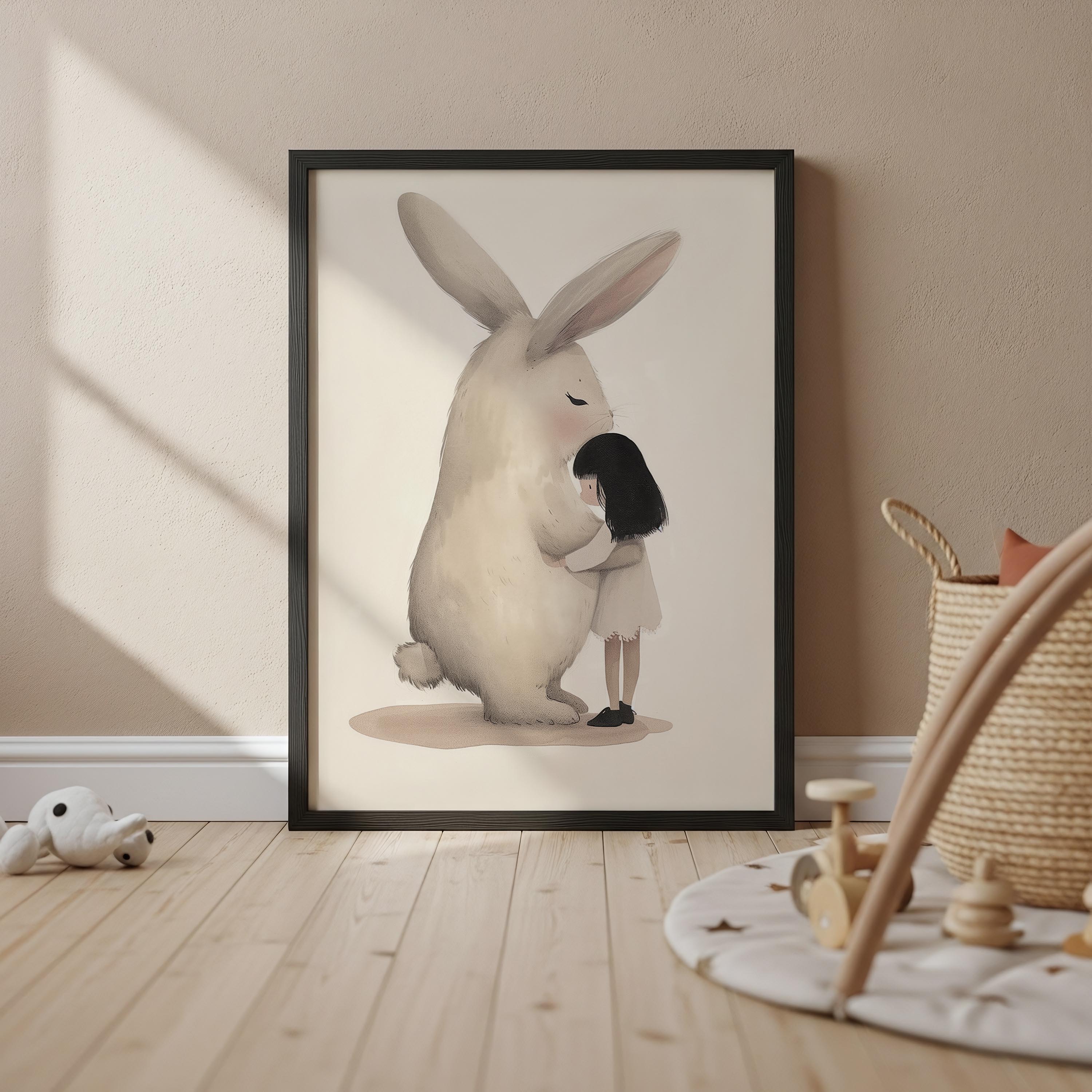 Fluffy Rabbit Hug – Whimsical Pastel Nursery Wall Art