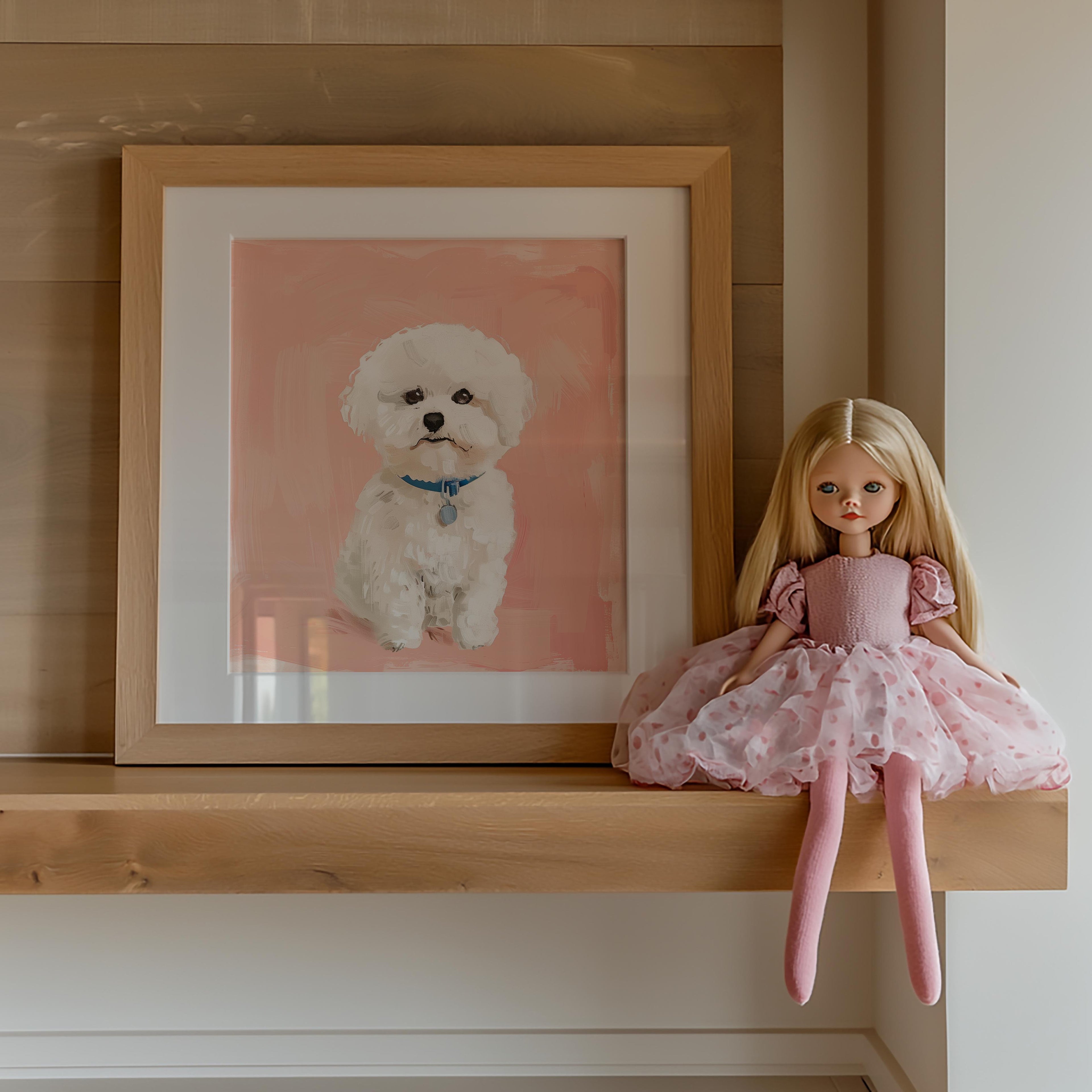 Fluffy White Puppy – Whimsical Pink Background Nursery Wall Art