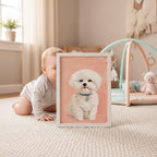 Fluffy White Puppy – Whimsical Pink Background Nursery Wall Art
