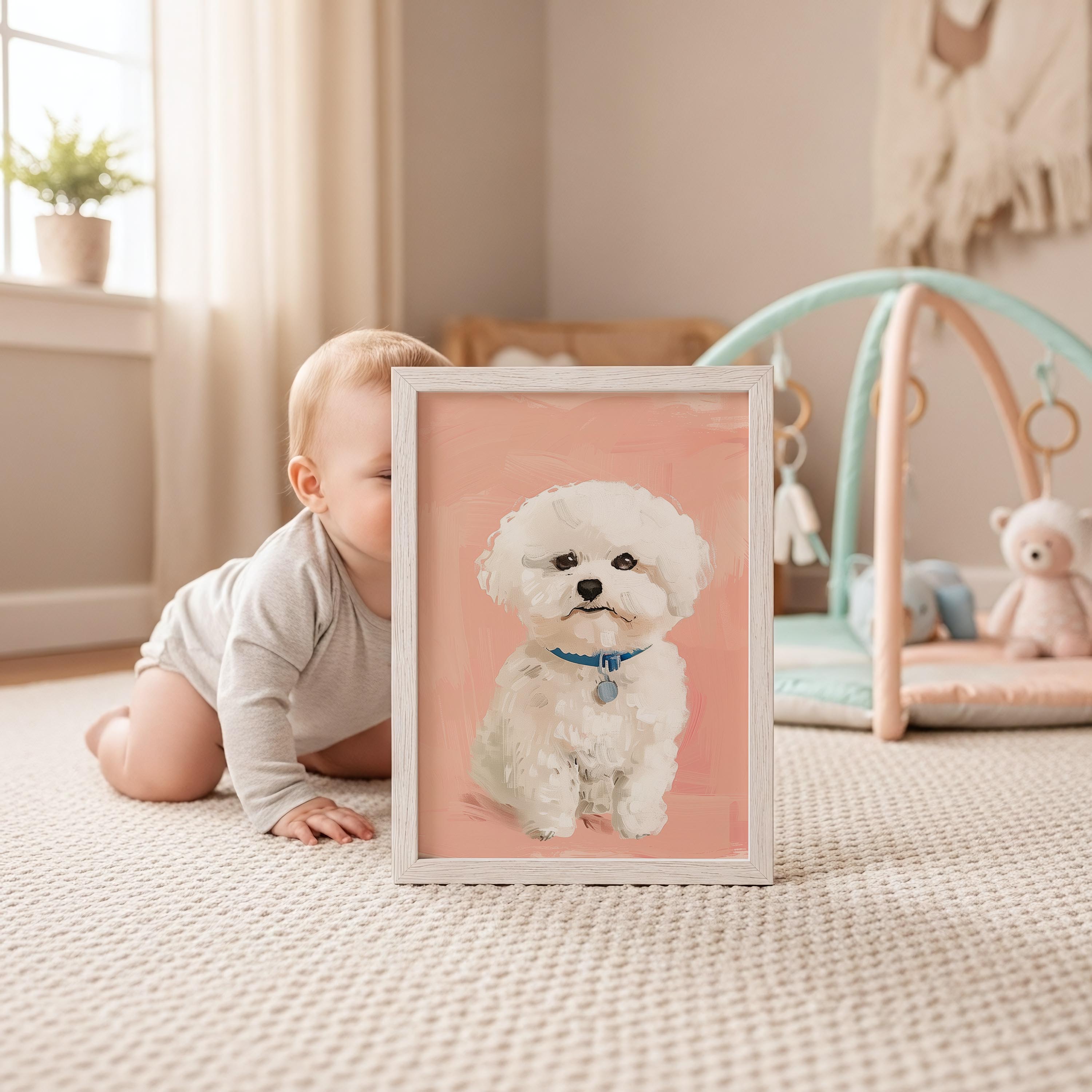 Fluffy White Puppy – Whimsical Pink Background Nursery Wall Art