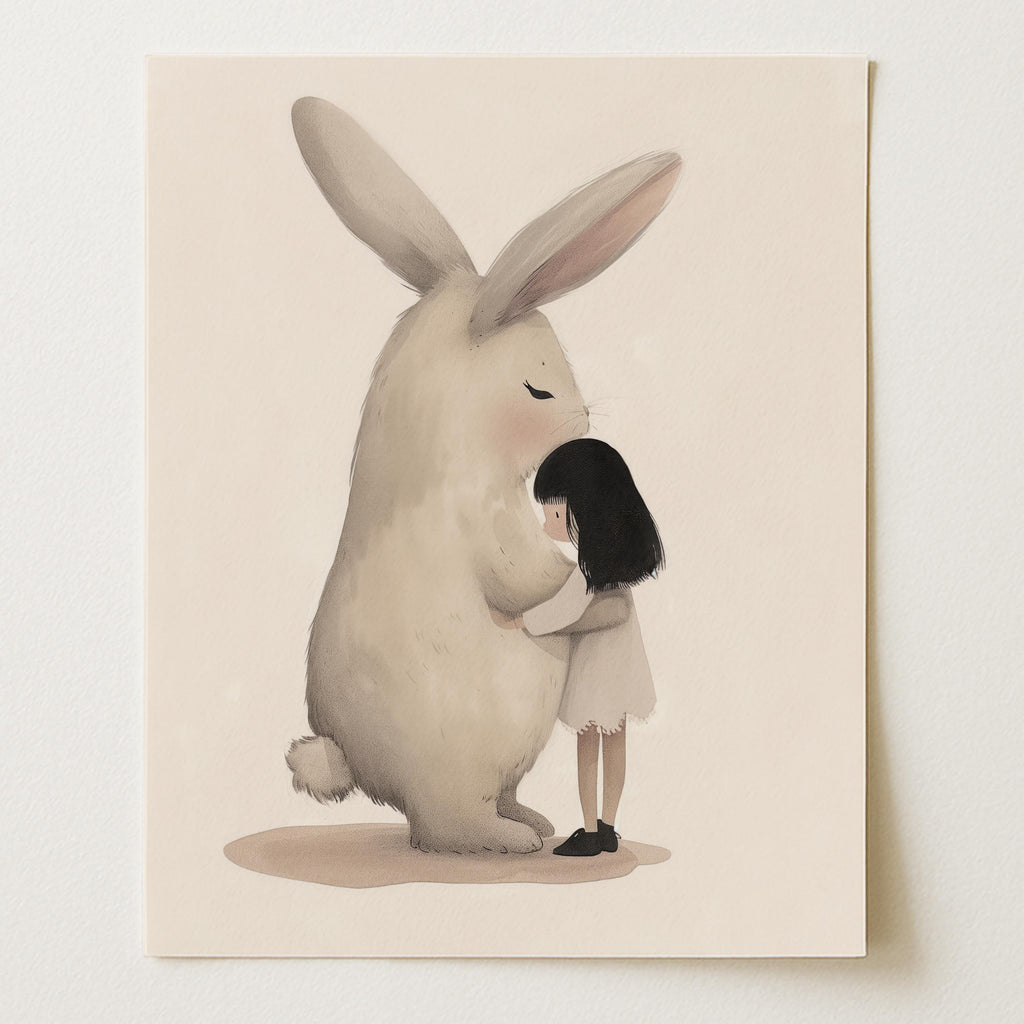 Fluffy Rabbit Hug – Whimsical Pastel Nursery Wall Art Print (Unframed)