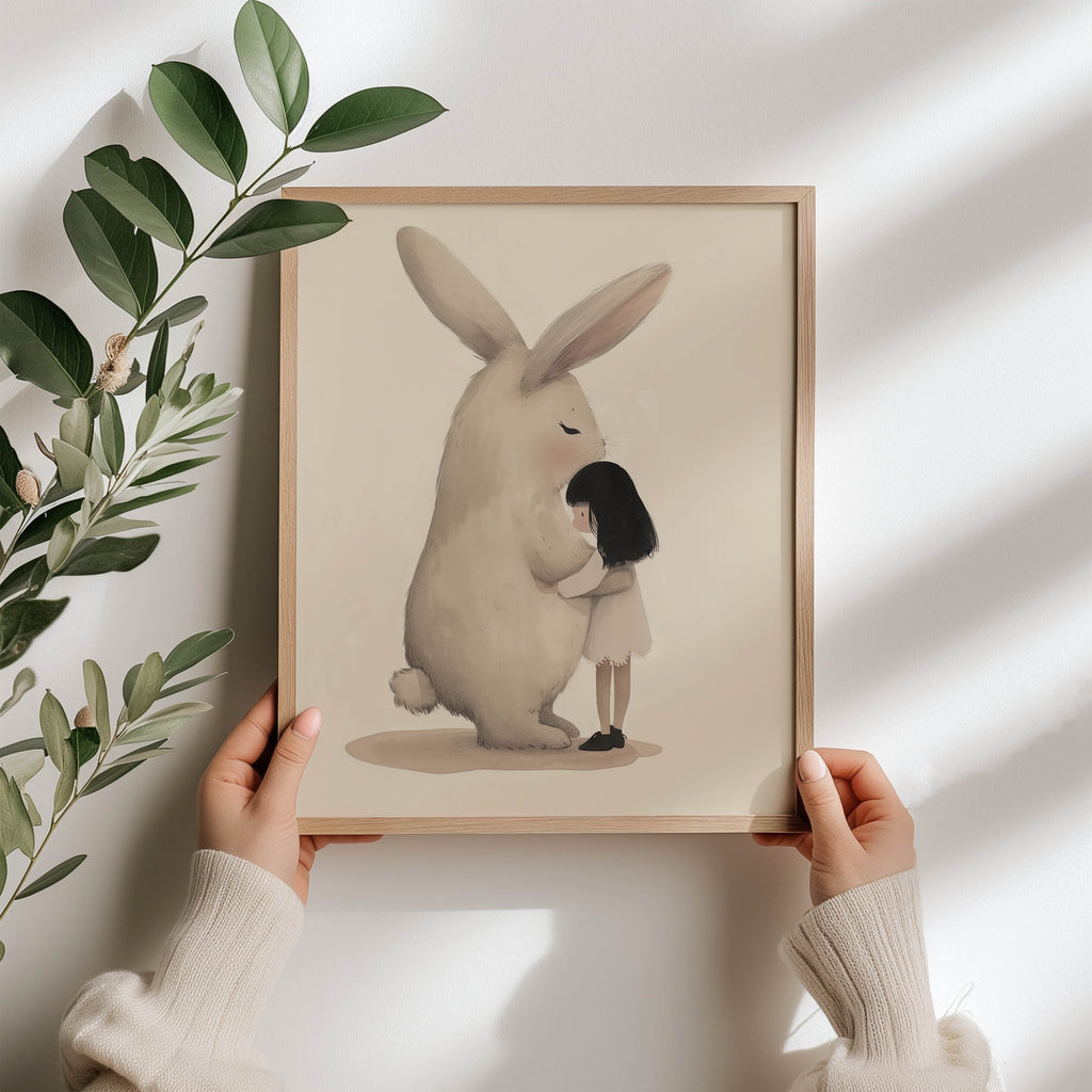 Fluffy Rabbit Hug – Whimsical Pastel Nursery Wall Art