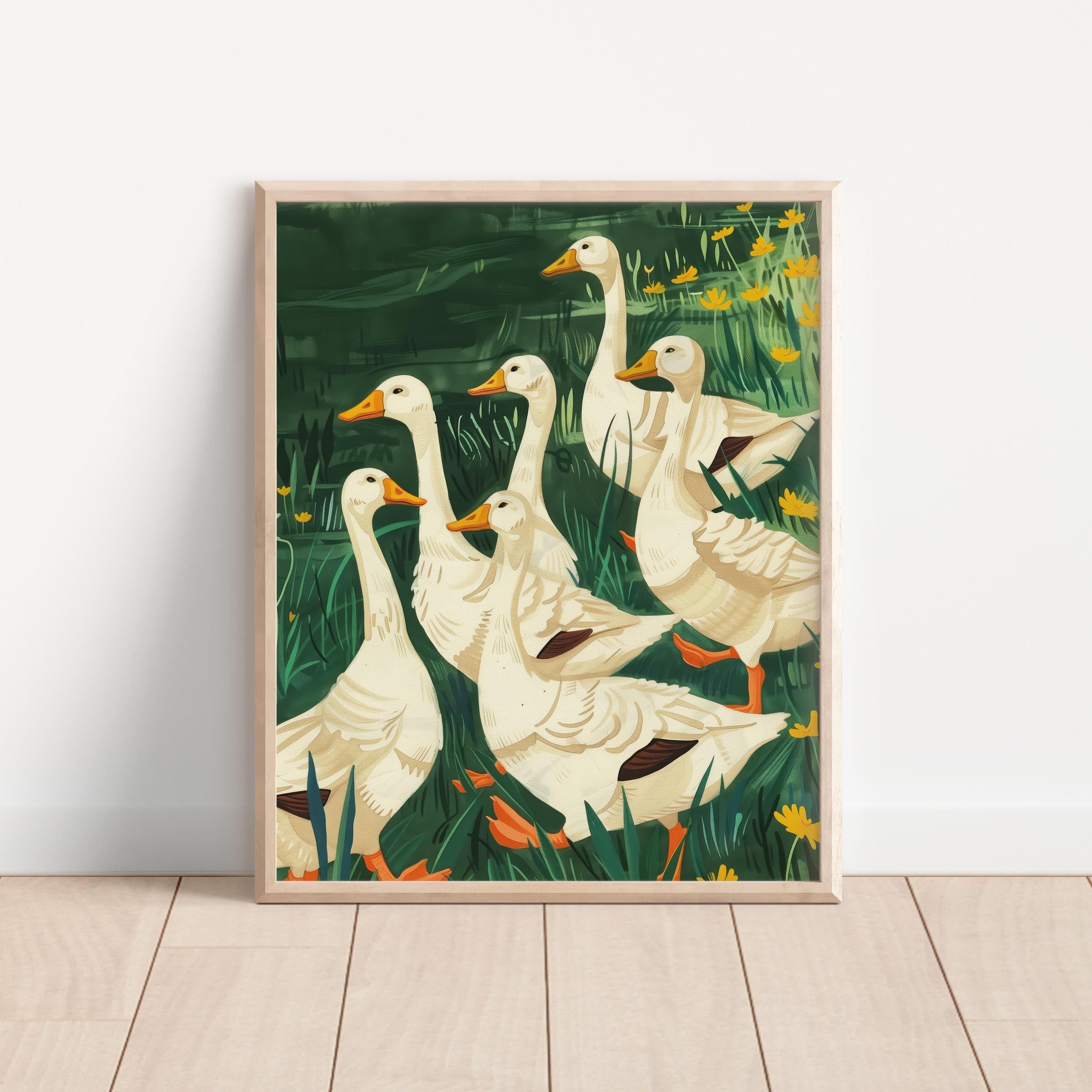 Folk Art Geese Meadow Wall Art Print