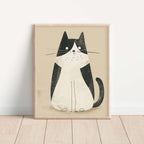 Framed illustration of a black and white cat on a beige background