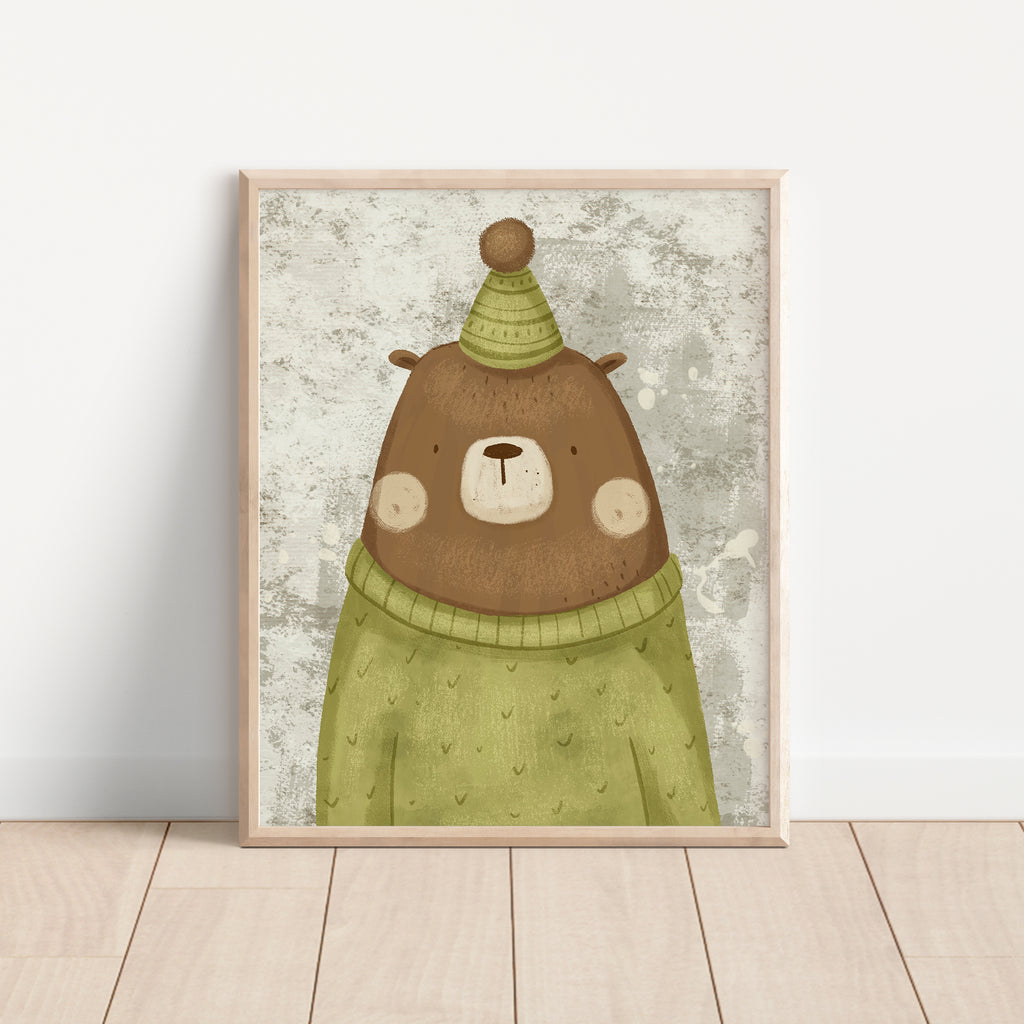 Bear Wearing a Green Shirt and Green Hat – Nursery Wall Art Print (Unframed)