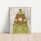Bear Wearing a Green Shirt and Green Hat – Nursery Wall Art Print (Unframed)