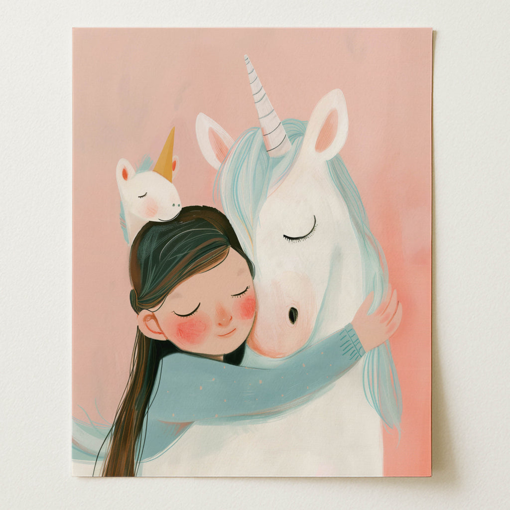Girl Hugging Unicorn – Girl Wall Art Print (Unframed)
