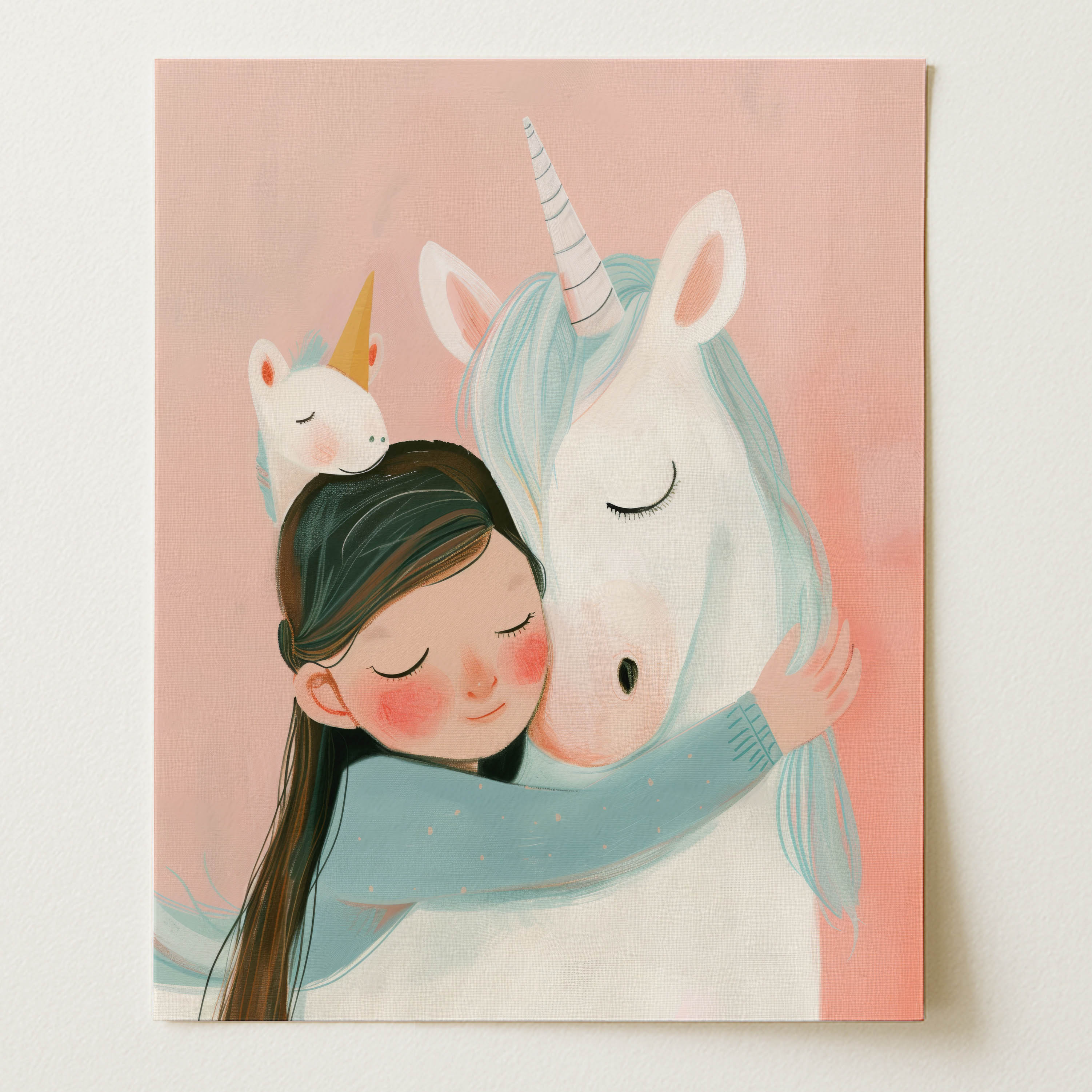 Girl Hugging Unicorn – Girl Wall Art Print (Unframed)