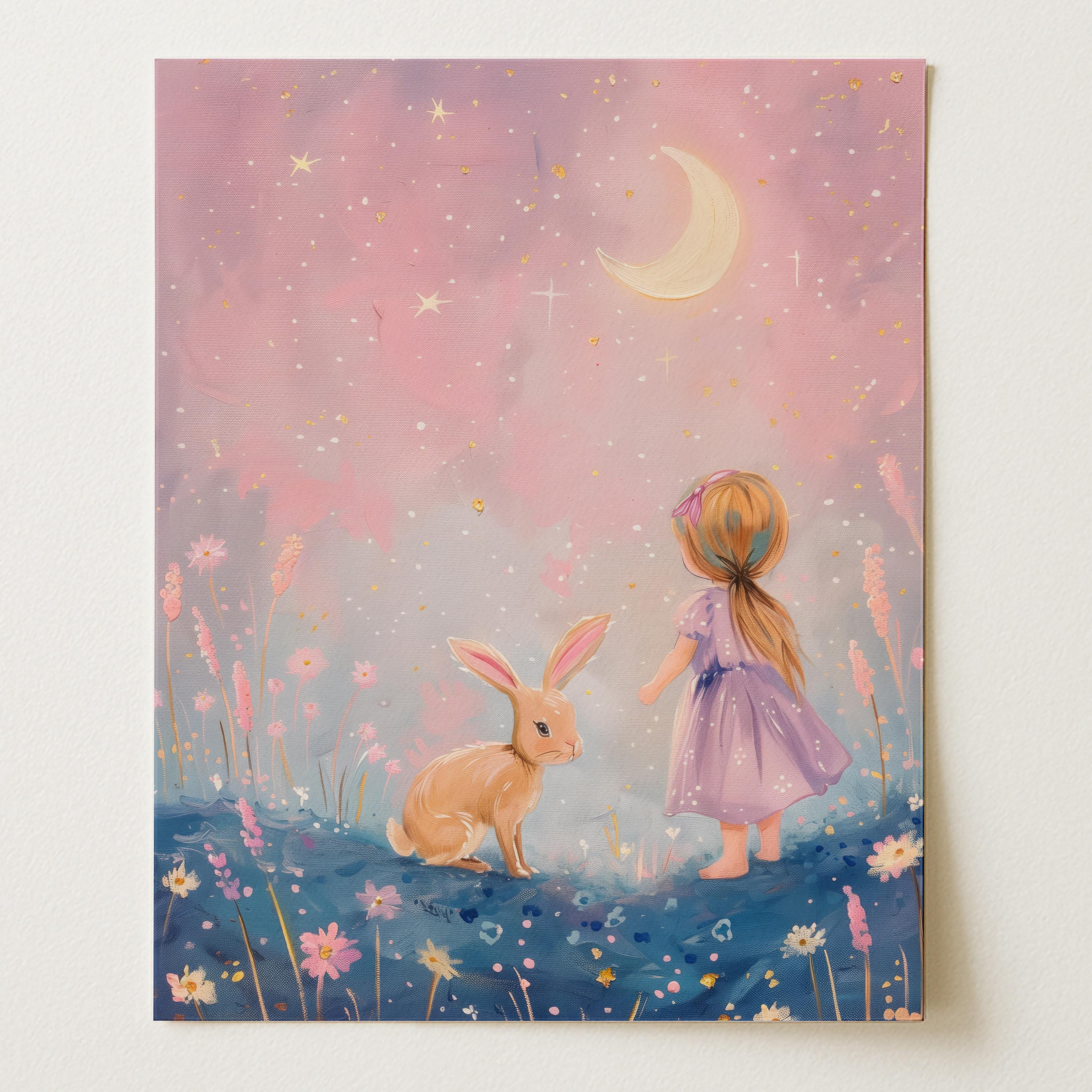 Girl in Moonlit Meadow – Whimsical Night Sky Wall Art Print (Unframed)