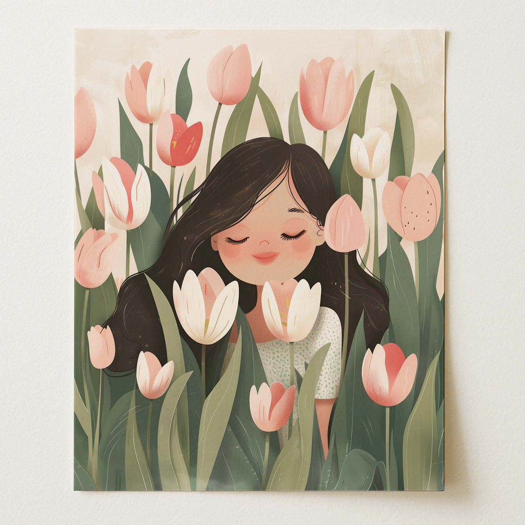 Girl with Tulips – Whimsical Pastel Wall Art Print (Unframed)