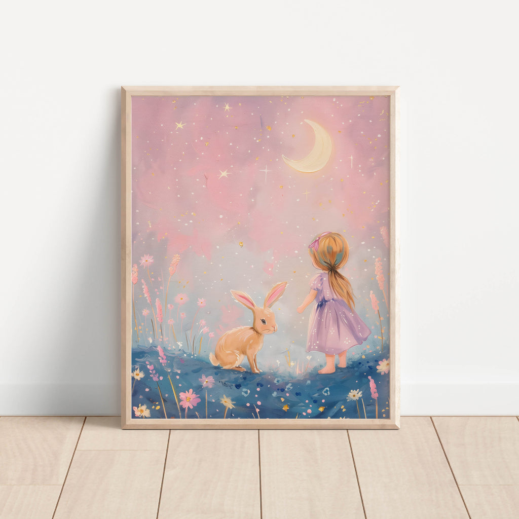 Girl in Moonlit Meadow – Whimsical Night Sky Wall Art