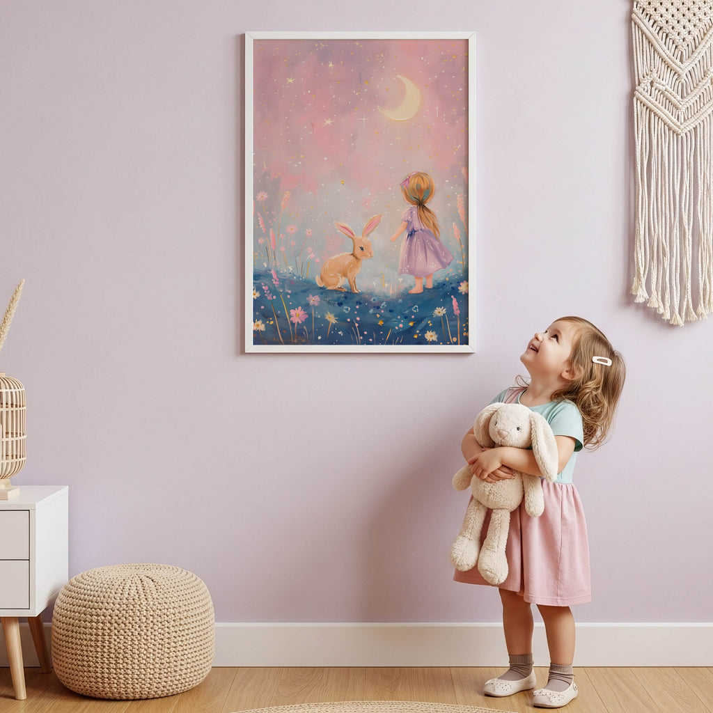 Girl in Moonlit Meadow – Whimsical Night Sky Wall Art