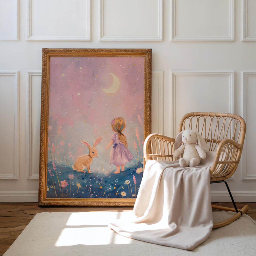 Girl in Moonlit Meadow – Whimsical Night Sky Wall Art