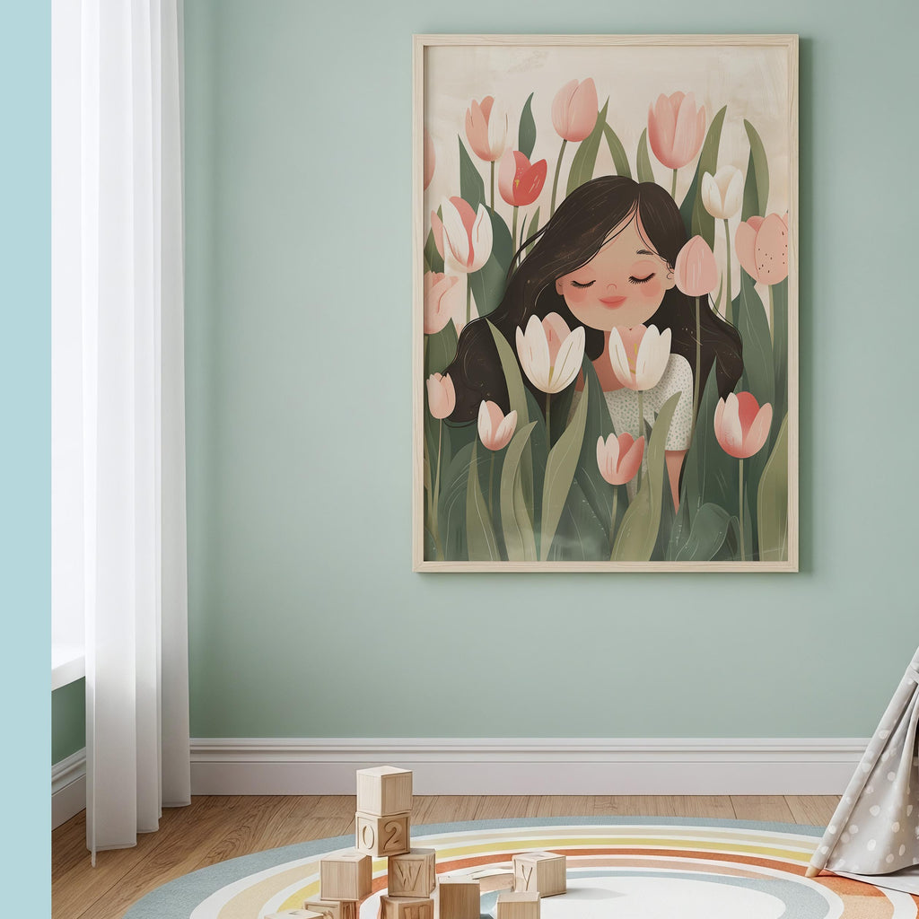 Girl with Tulips – Whimsical Pastel Wall Art