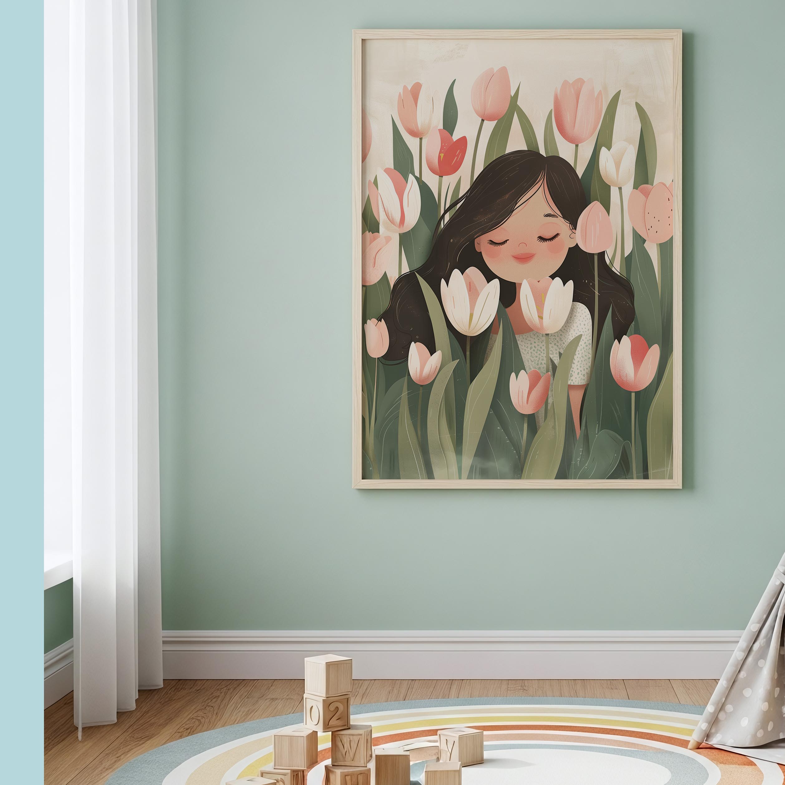 Girl with Tulips – Whimsical Pastel Wall Art