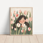 Girl with Tulips – Whimsical Pastel Wall Art