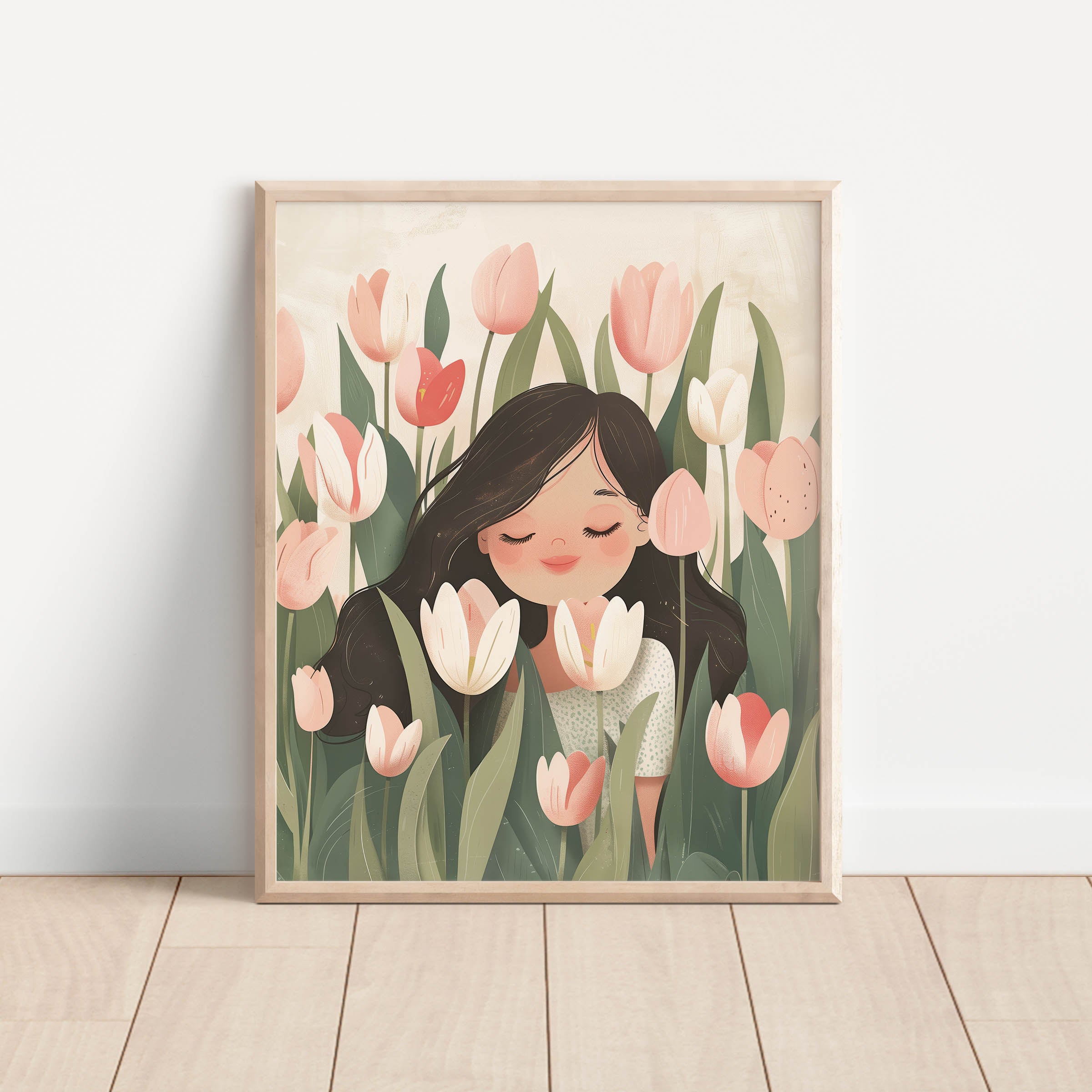Girl with Tulips – Whimsical Pastel Wall Art