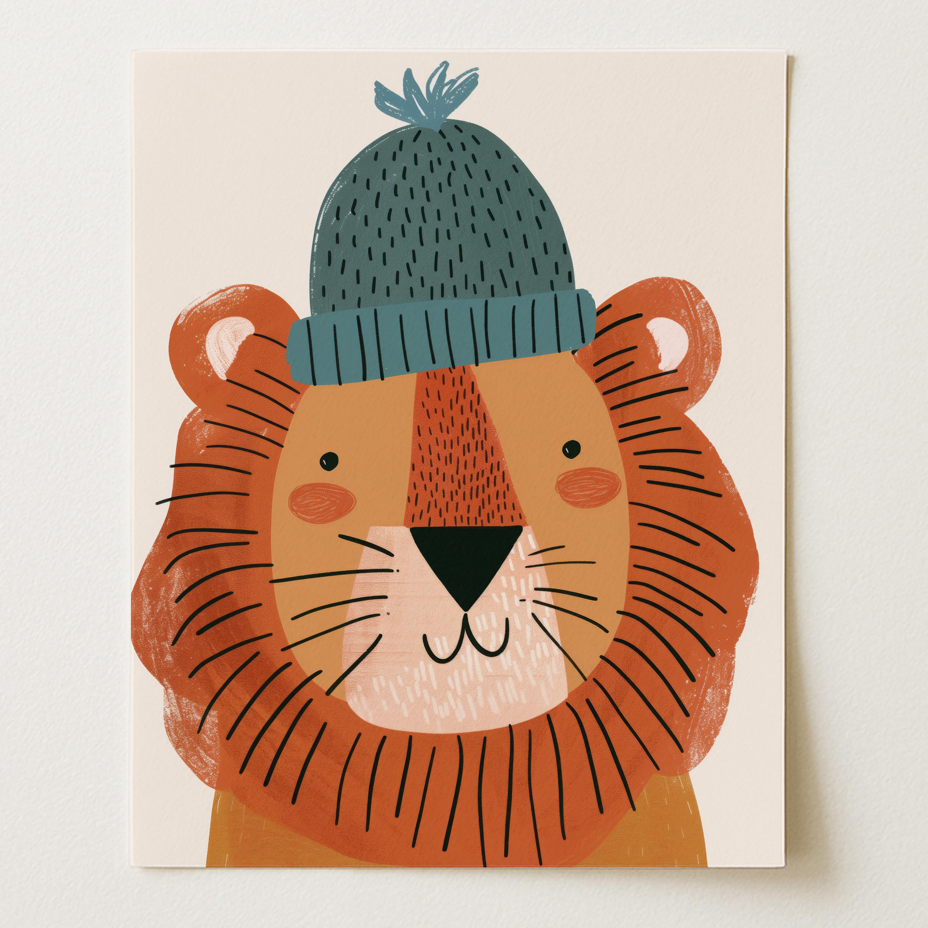 Lion with Beanie Wall Art Print (Unframed)
